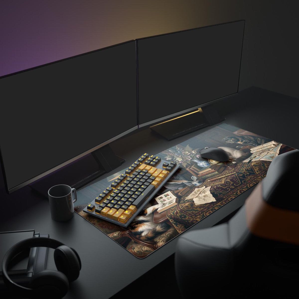 Feline Scholars desk mat in a dark gaming setup with a mechanical keyboard, a mouse and headphones