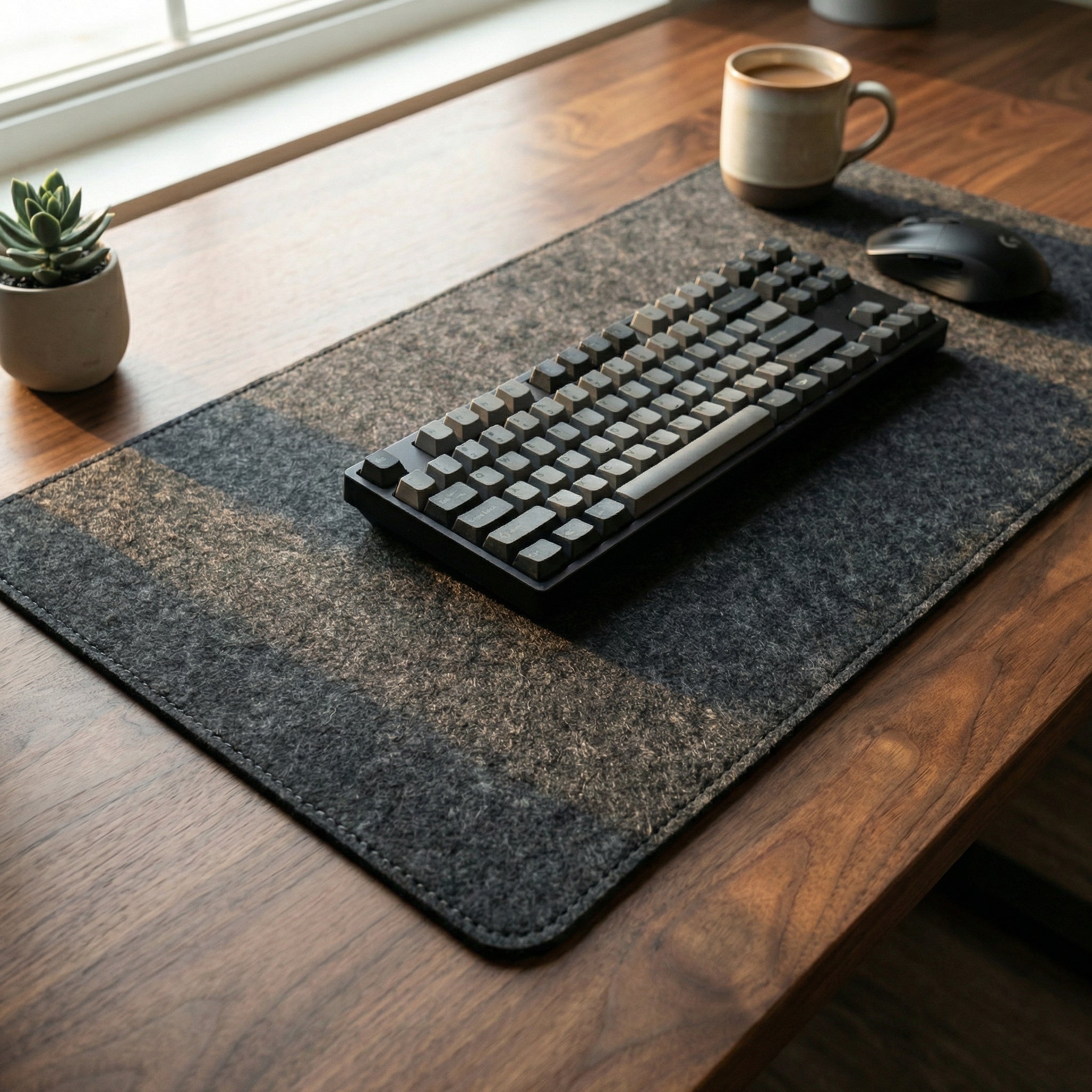 Black keyboard on a felt desk mat with a cup and mouse in the background