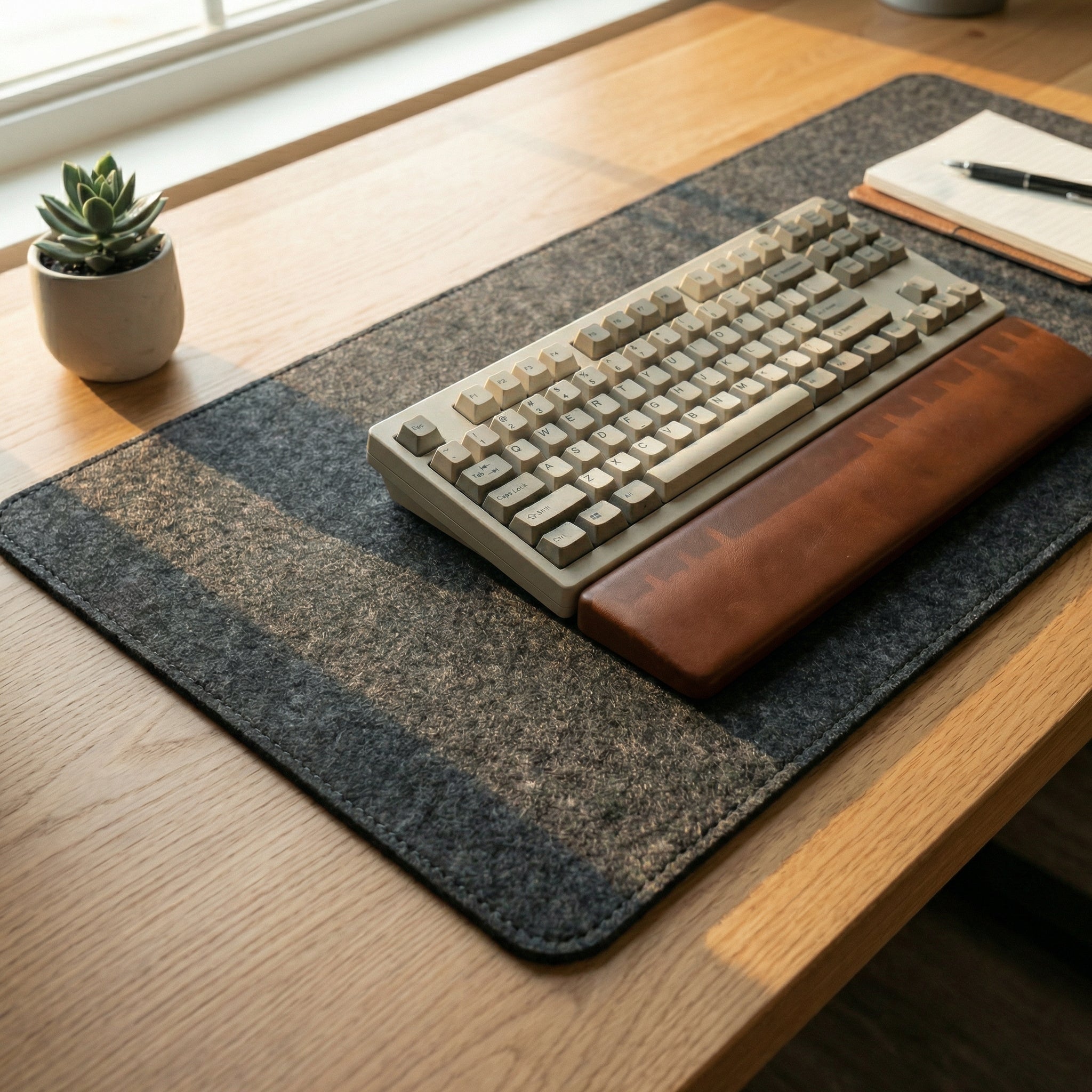 Keyboard on a felt desk mat with a notebook and plant on a wooden desk

