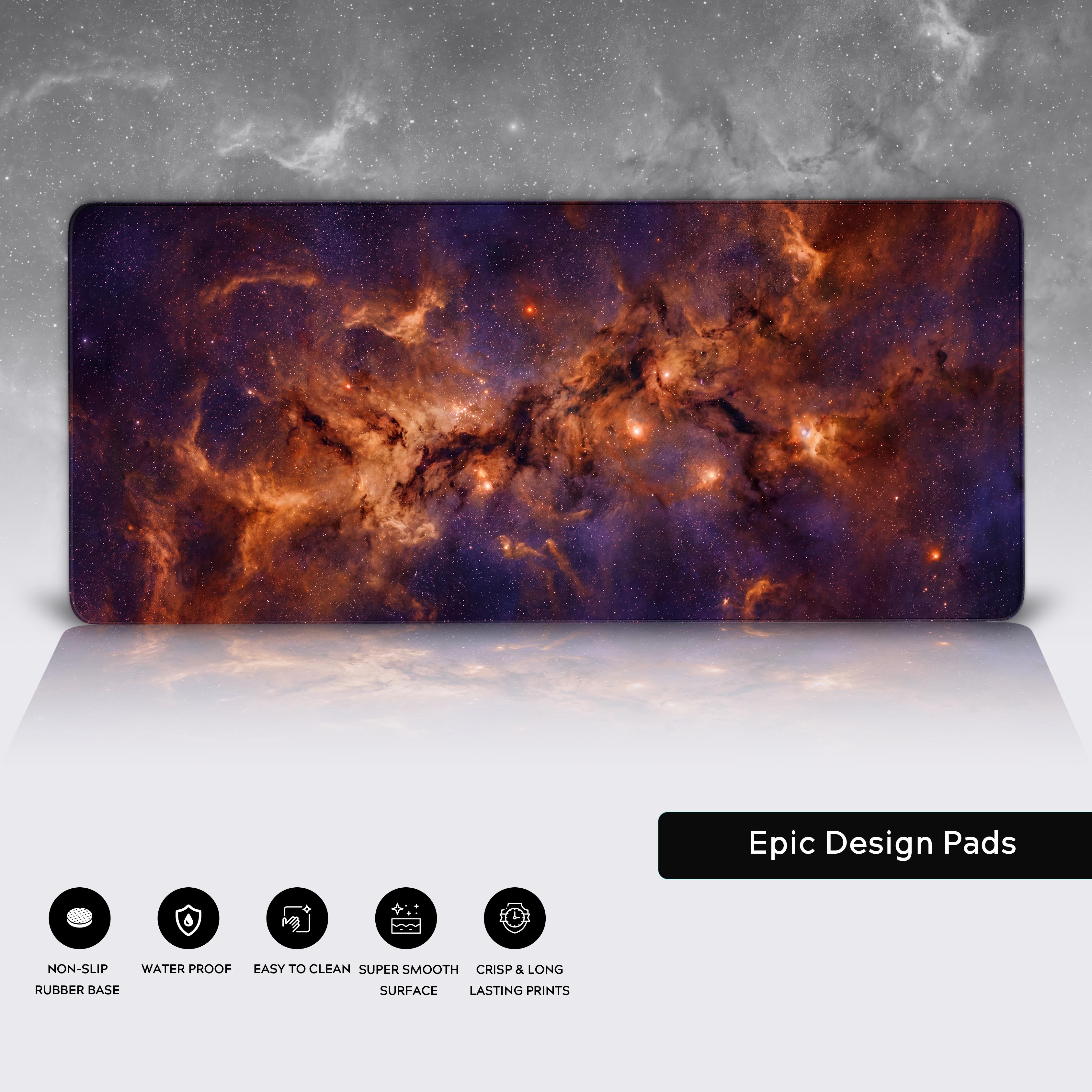 Epic Design Pads Fiery Nebula XL desk mat laid out over a reflective white surface