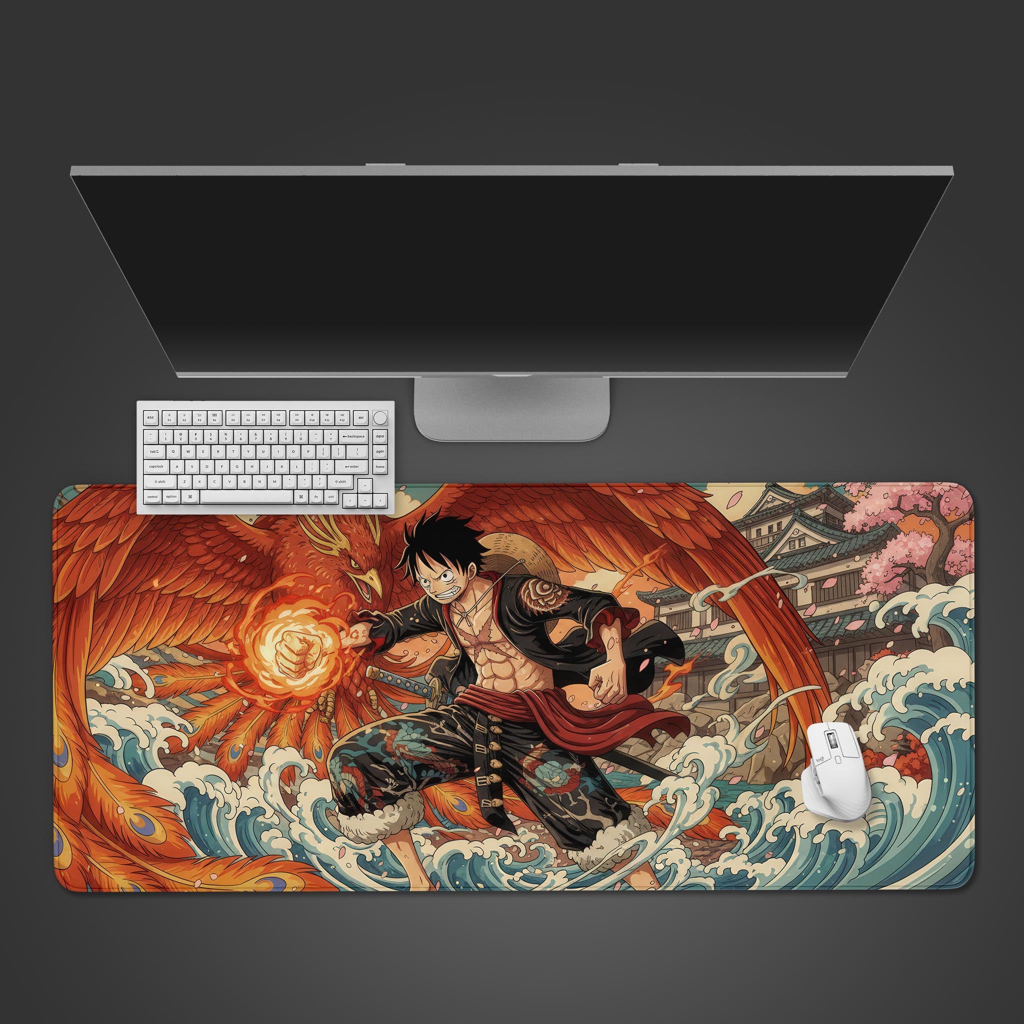 Fiery Will anime desk mat with Ukiyo-e hero and phoenix design, shown top-down on a desk with a gaming keyboard and mouse. - Epic Design Pads