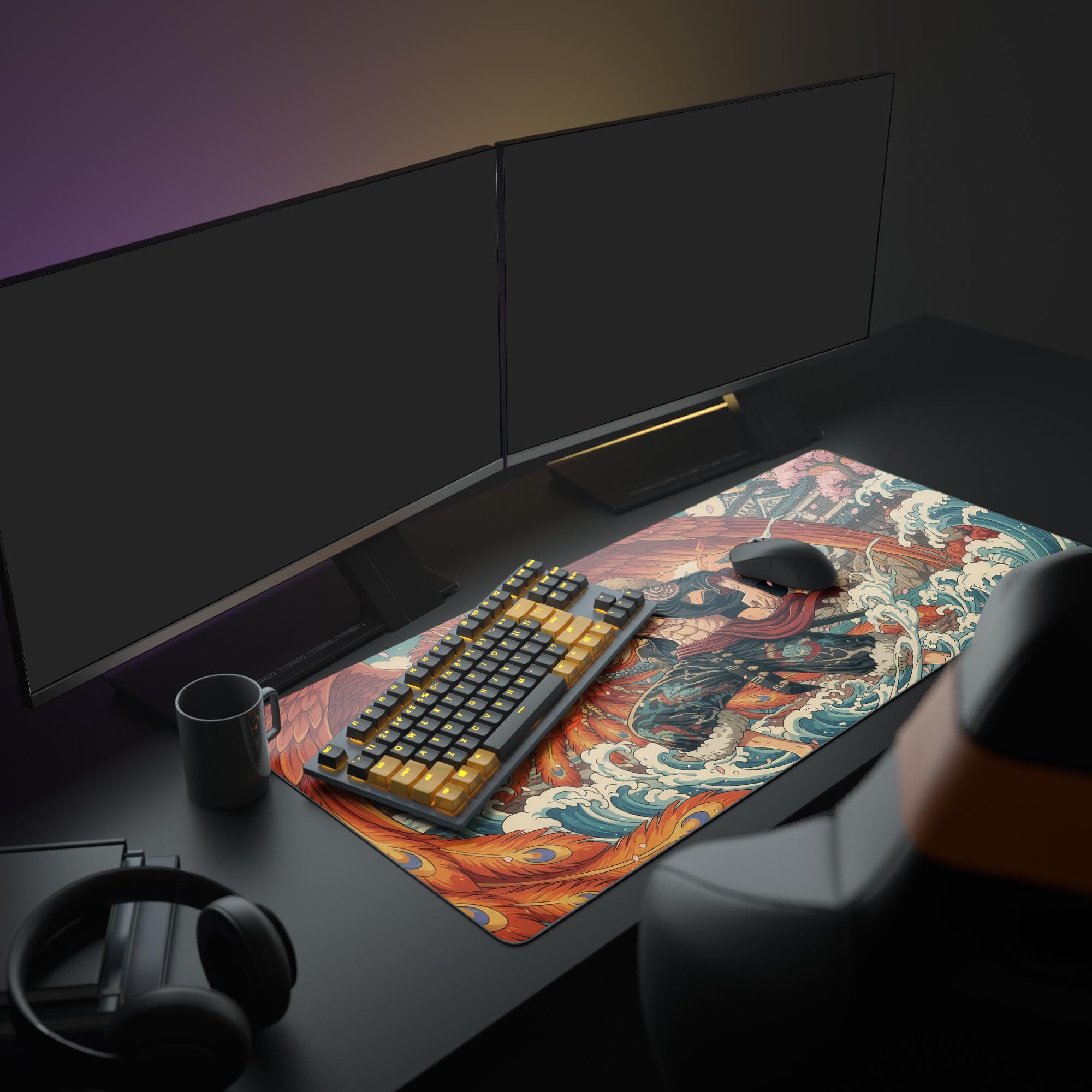 Large Fiery Will anime desk mat displayed in a full gaming setup with dual monitors, mechanical keyboard, and headphones. - Epic Design Pads