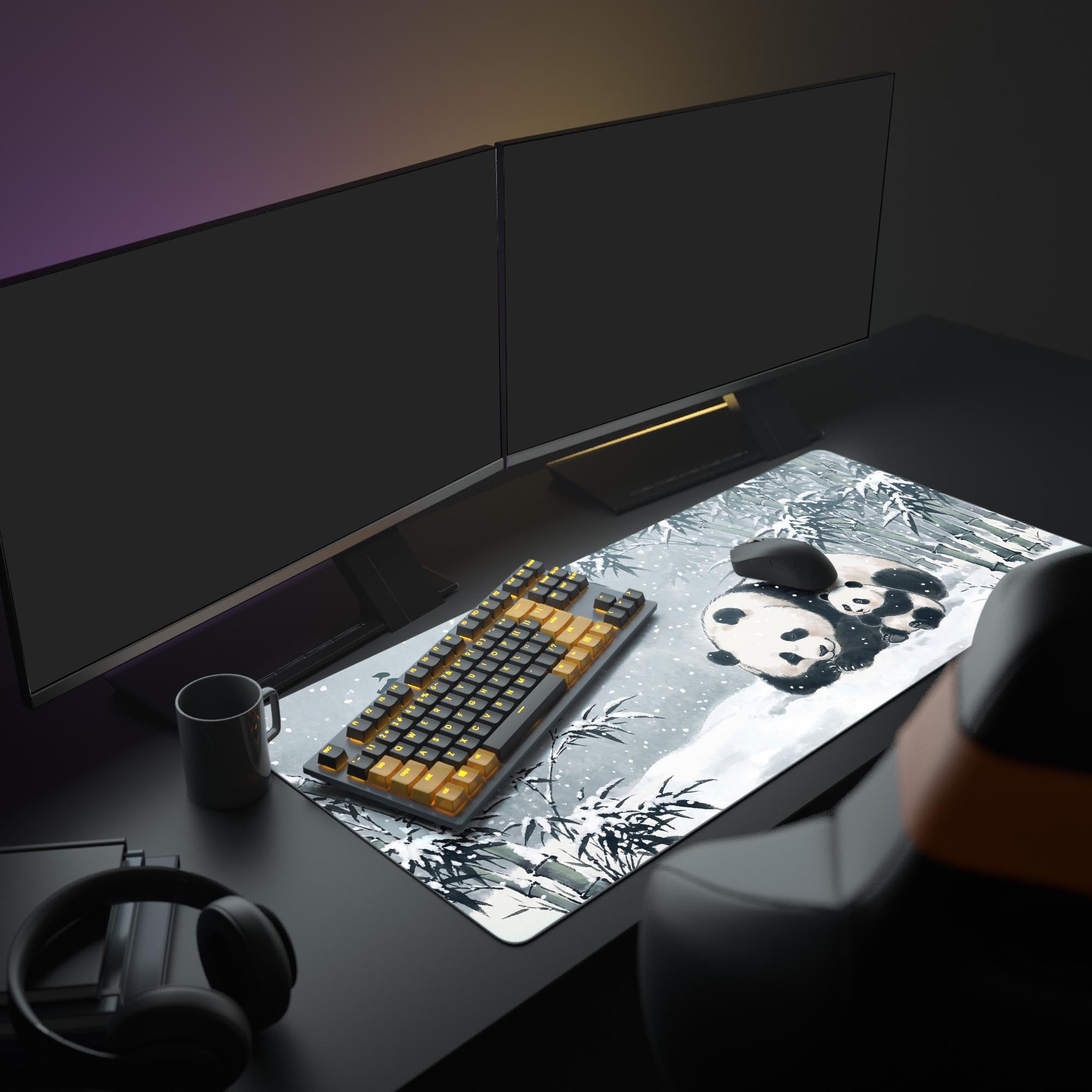 A full desk setup featuring the large First Snow panda mouse pad. The Japanese art design complements the minimalist monitor and keyboard, creating a serene and aesthetic workspace. - Epic Design Pads & Mousepads