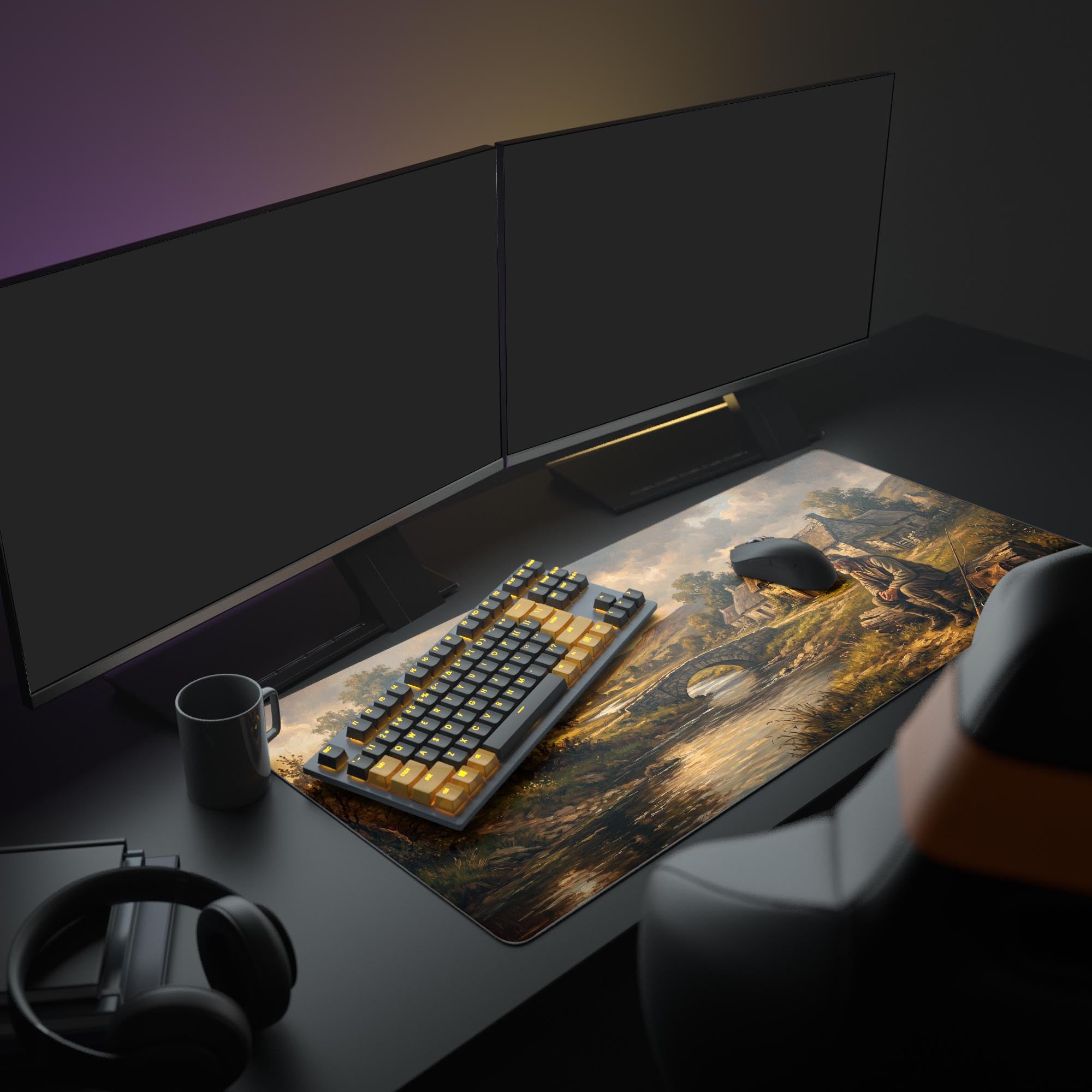 Detailed view of golden hour clouds and rustic cottages on an extra large gaming mouse pad