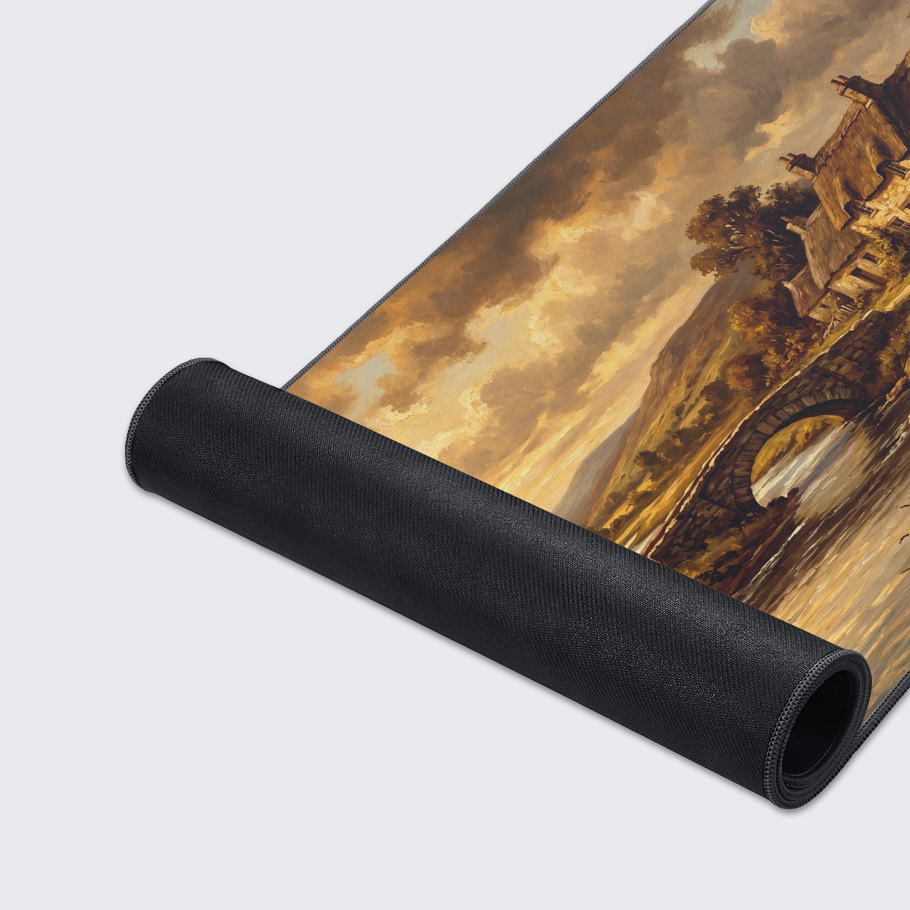 A serene fisherman sitting by a stream painted in a classic vintage style on a desk mat