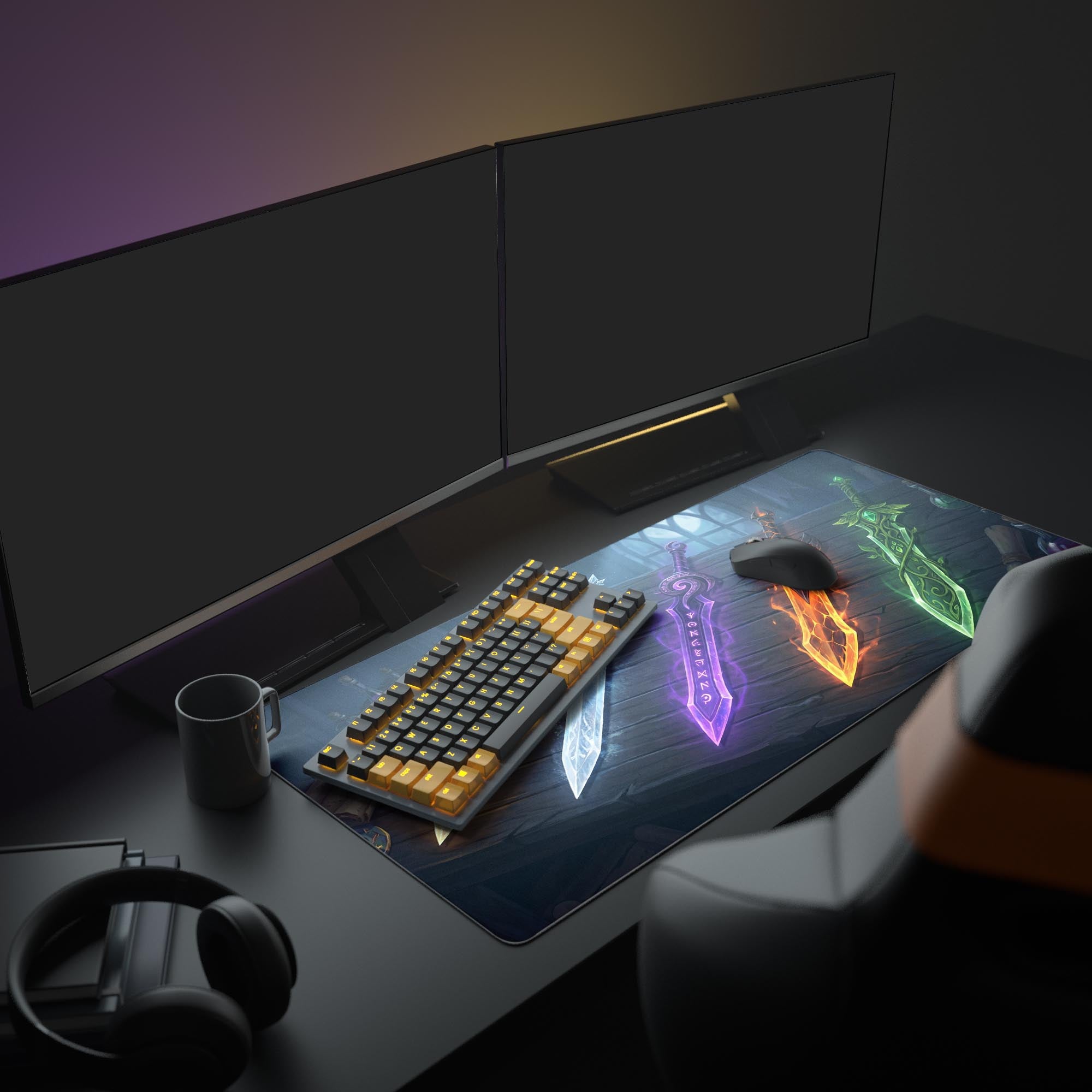 A full gaming PC setup featuring the "Five Fates" mouse pad. The five glowing swords on the mat complement an illuminated keyboard, mouse, and monitors. - Epic Design Pads & Mousepads