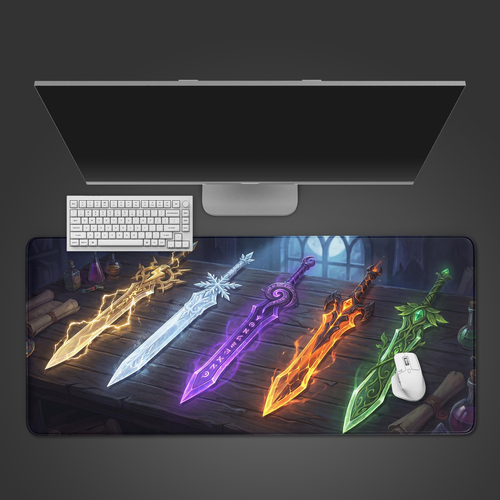 The "Five Fates" gaming desk mat displayed on a dark surface, with a white keyboard and a monitor overhead. The design features five glowing elemental swords. - Epic Design Pads & Mousepads