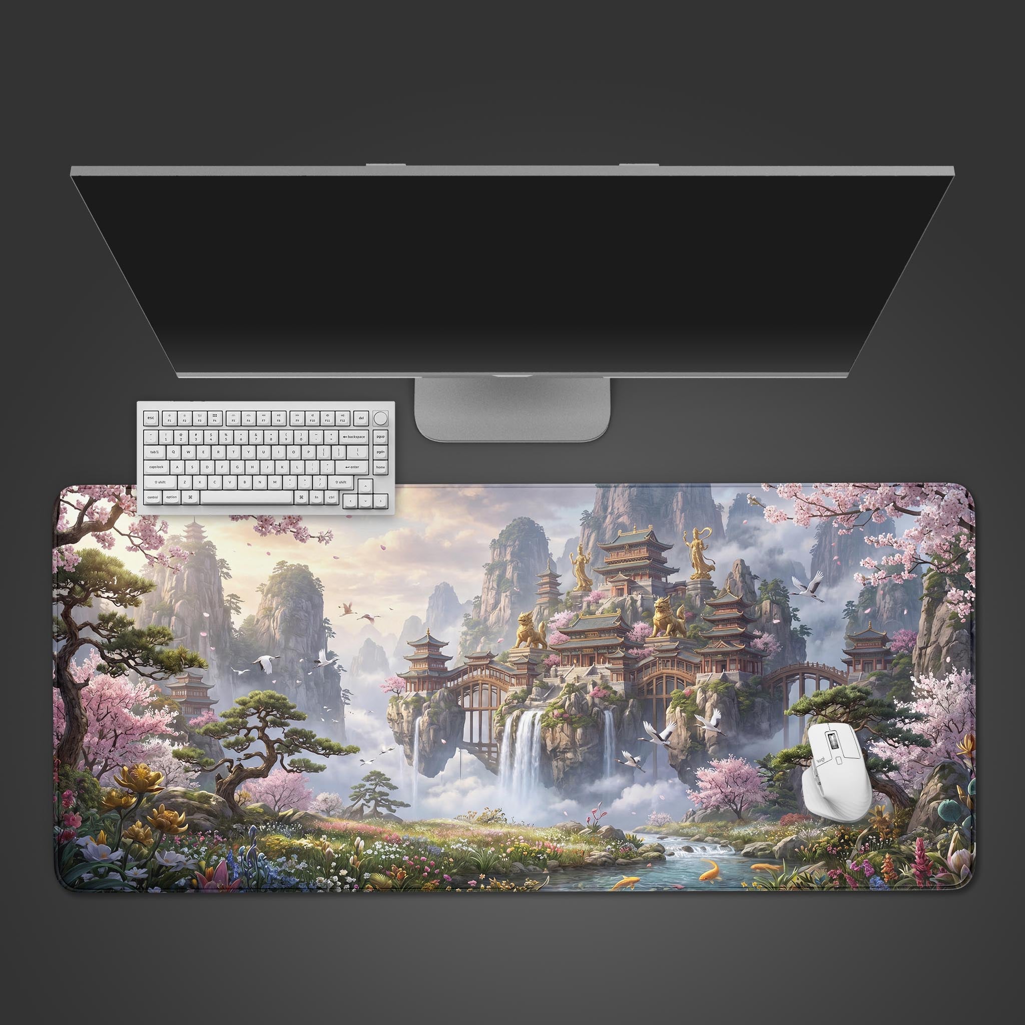 A stunning desk mat featuring a fantasy landscape with floating islands, golden pagodas, and pink cherry blossoms.