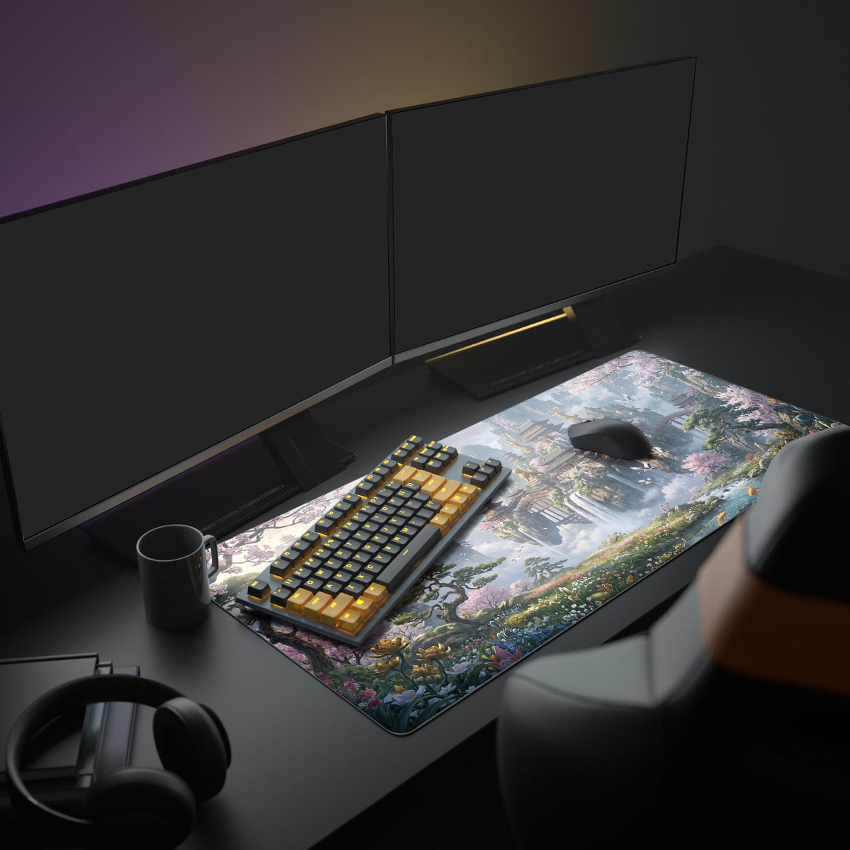 Desk mat on a dark desk under two monitors with a black-and-orange keyboard, mug and headphones; misty floating temple scene