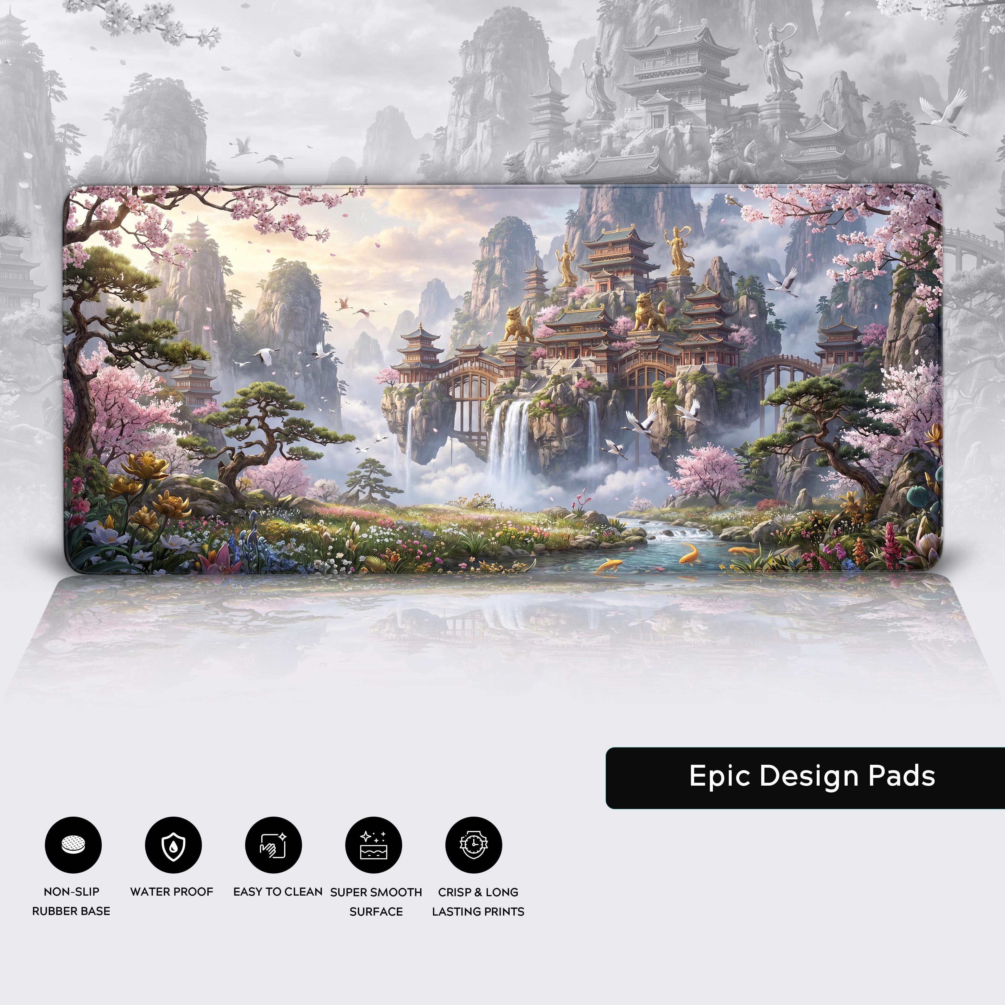 Epic Design Pads desk mat highlighting utility features like non-slip rubber base, waterproof surface, and crisp prints.