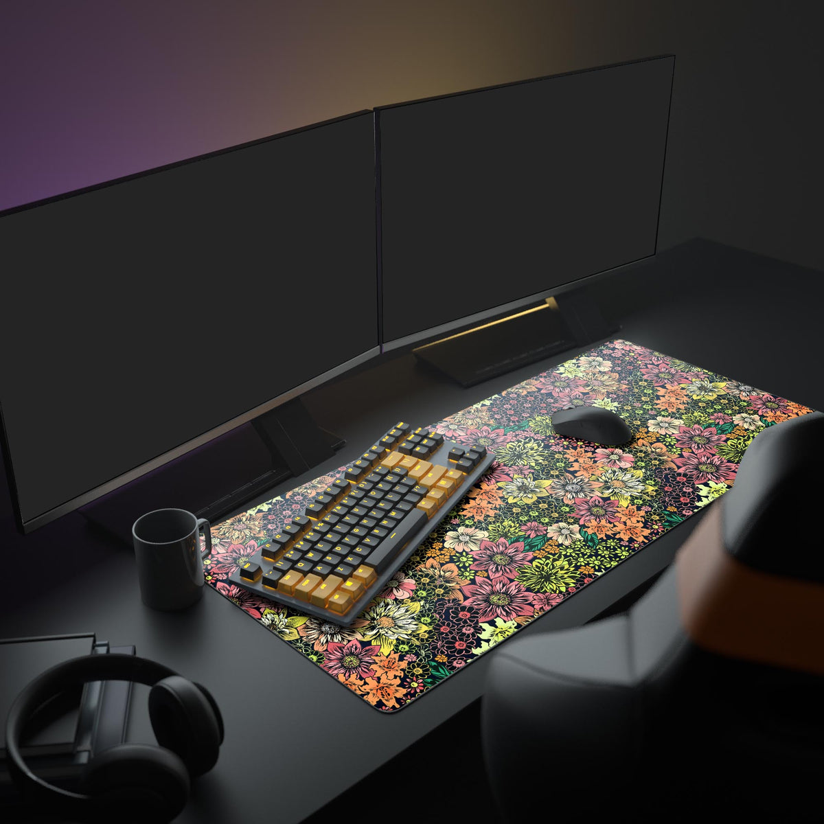 Large Floral Burst botanical mouse pad featured in a complete aesthetic desk setup with dual monitors, headphones, and plants. - Epic Design Pads & Mousepads