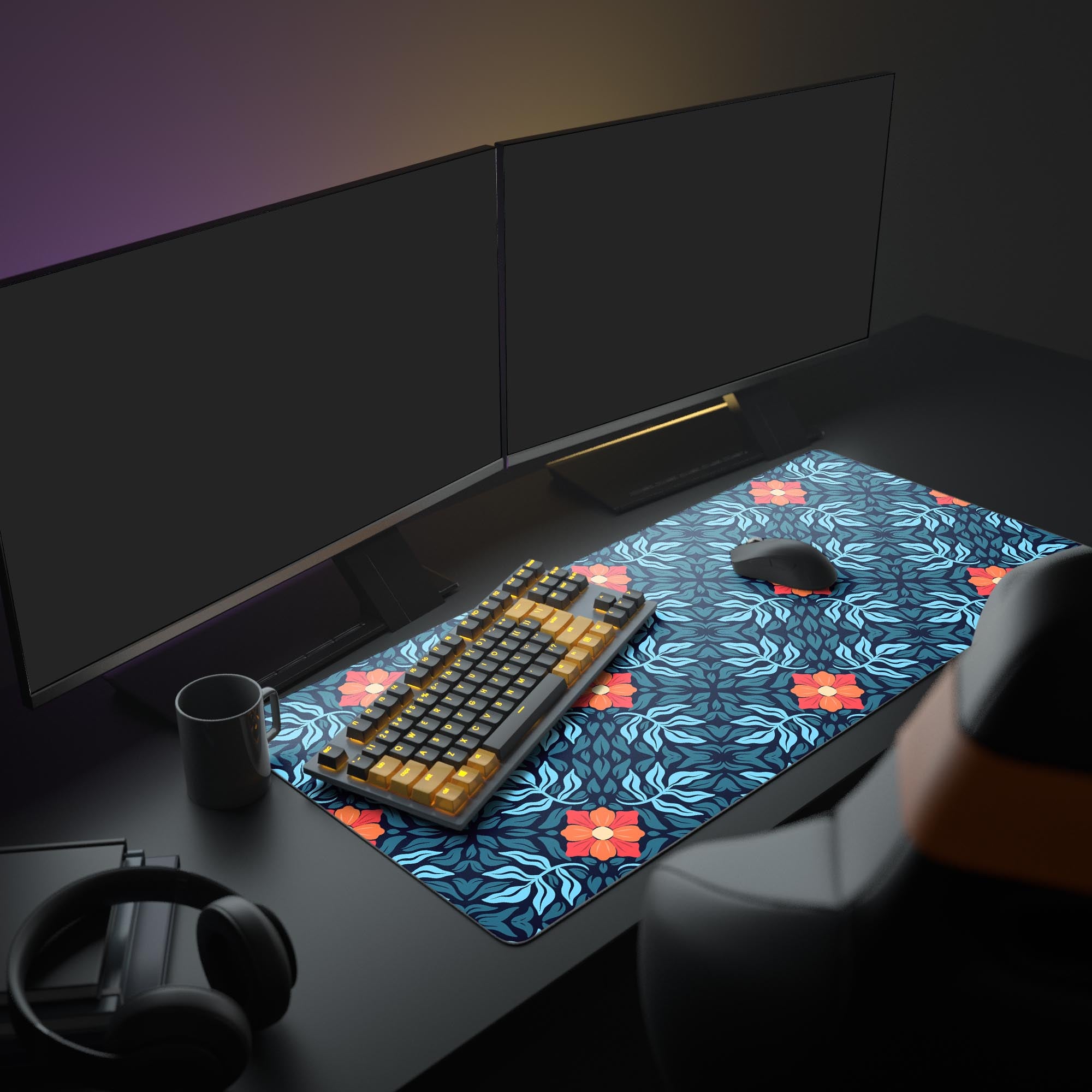 Large floral desk mat with folk-art design shown in a home office setup with dual monitors, a plant, and a mechanical keyboard. - Epic Design Pads & Mousepads