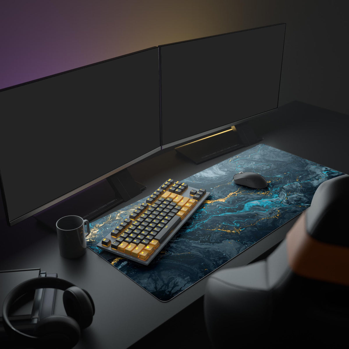 Large Flow State desk mat shown in a creative desk setup with dual monitors, a mechanical keyboard, and studio headphones. - Epic Design Pads & Mousepads