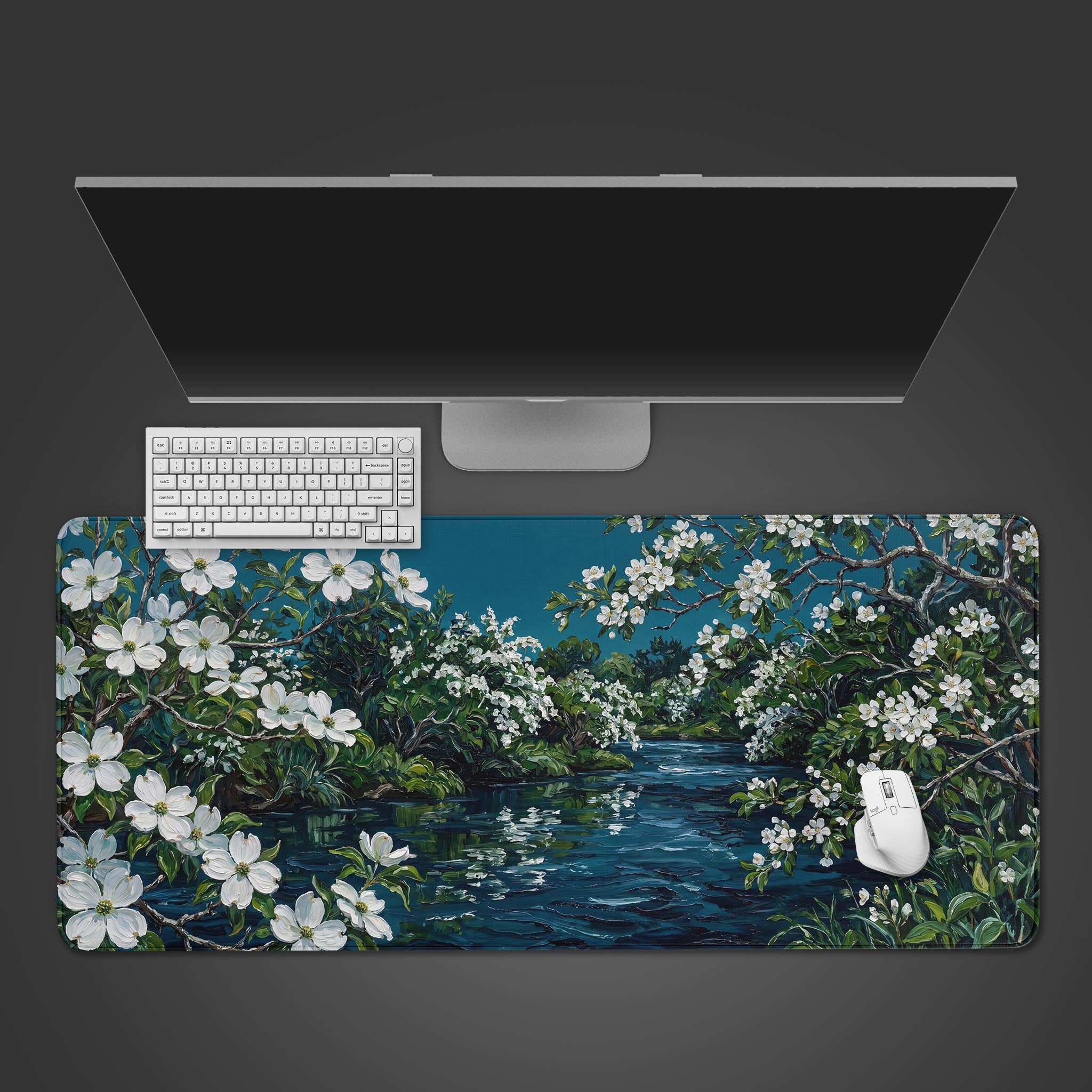 Spring Blossom River fine art desk mat showcasing white blooming trees over a deep blue river.