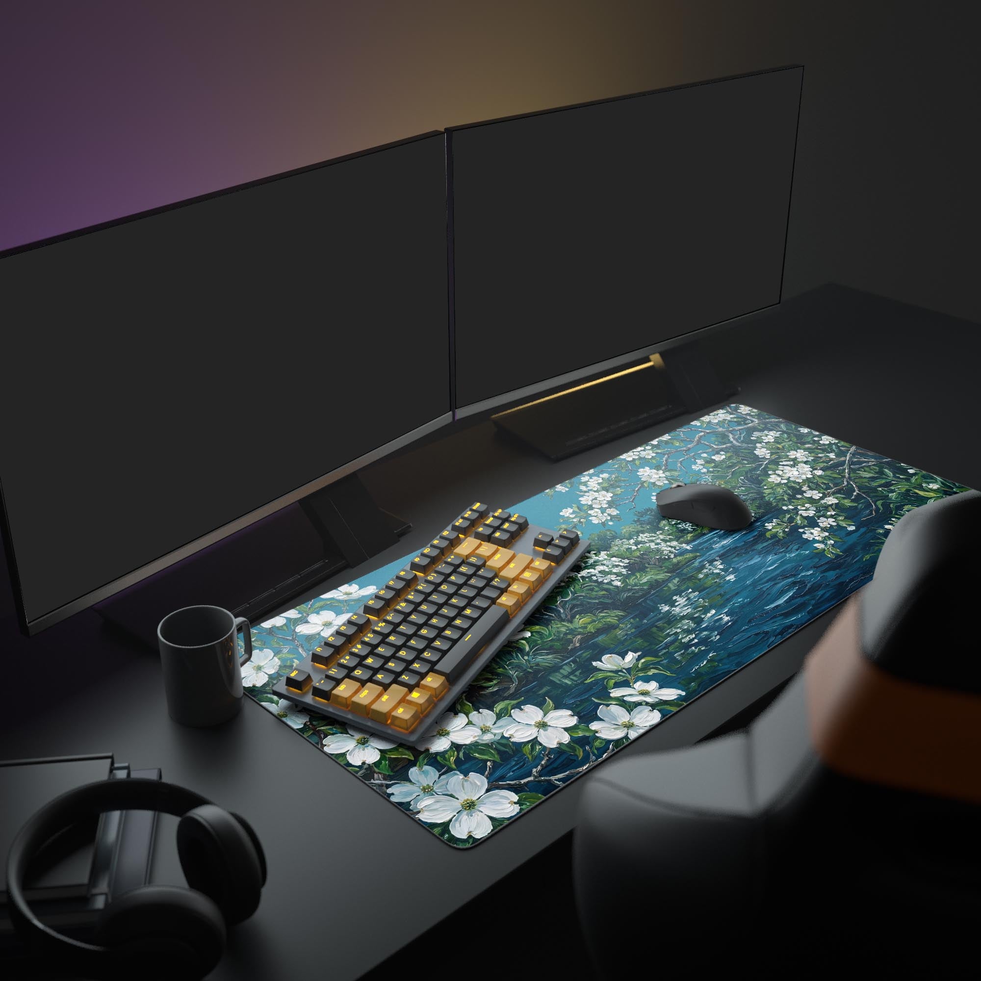 Close up of the tranquil floral river design on a premium XL gaming mouse pad.