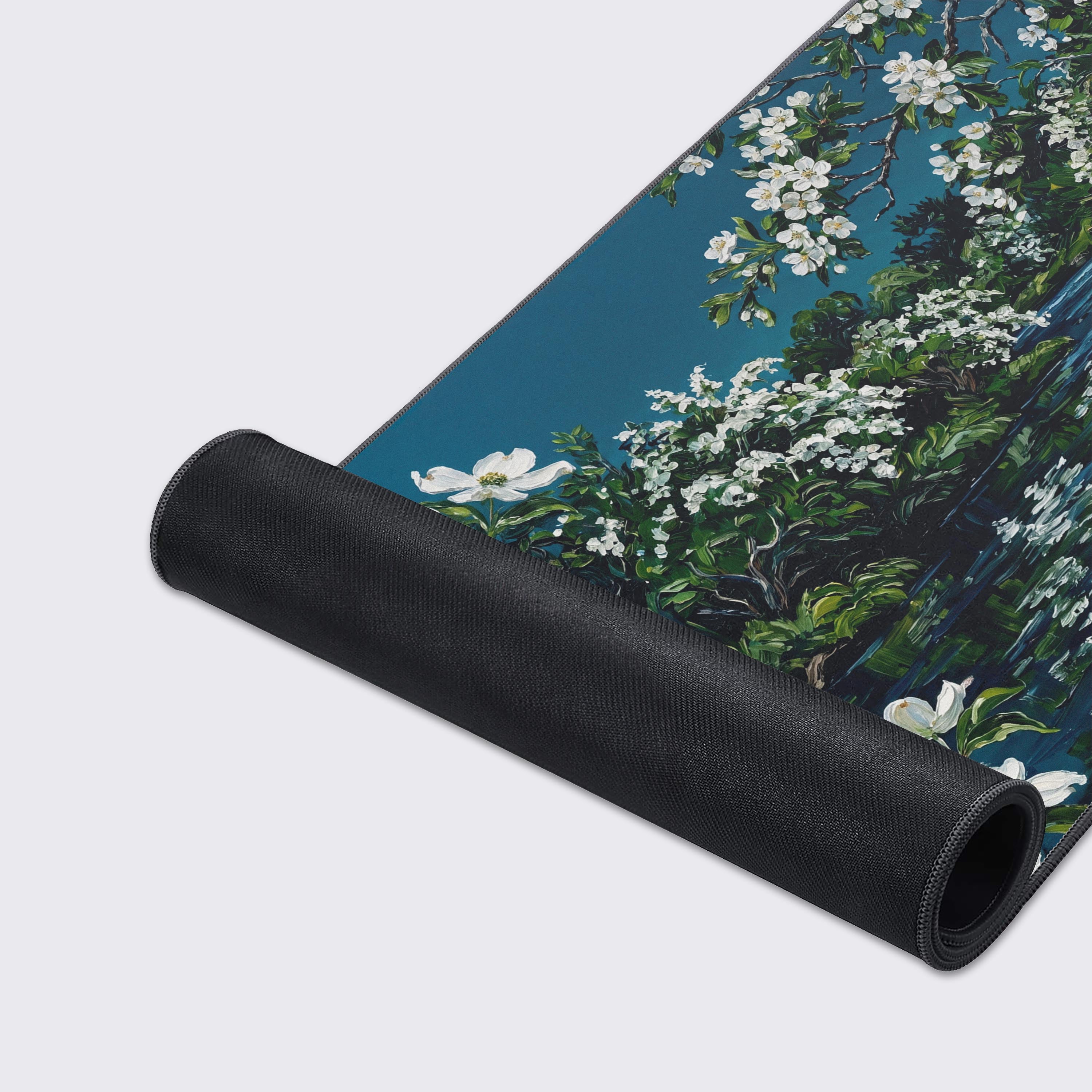 Waterproof, anti-slip, and easy to clean features of the Spring Blossom River aesthetic desk pad.