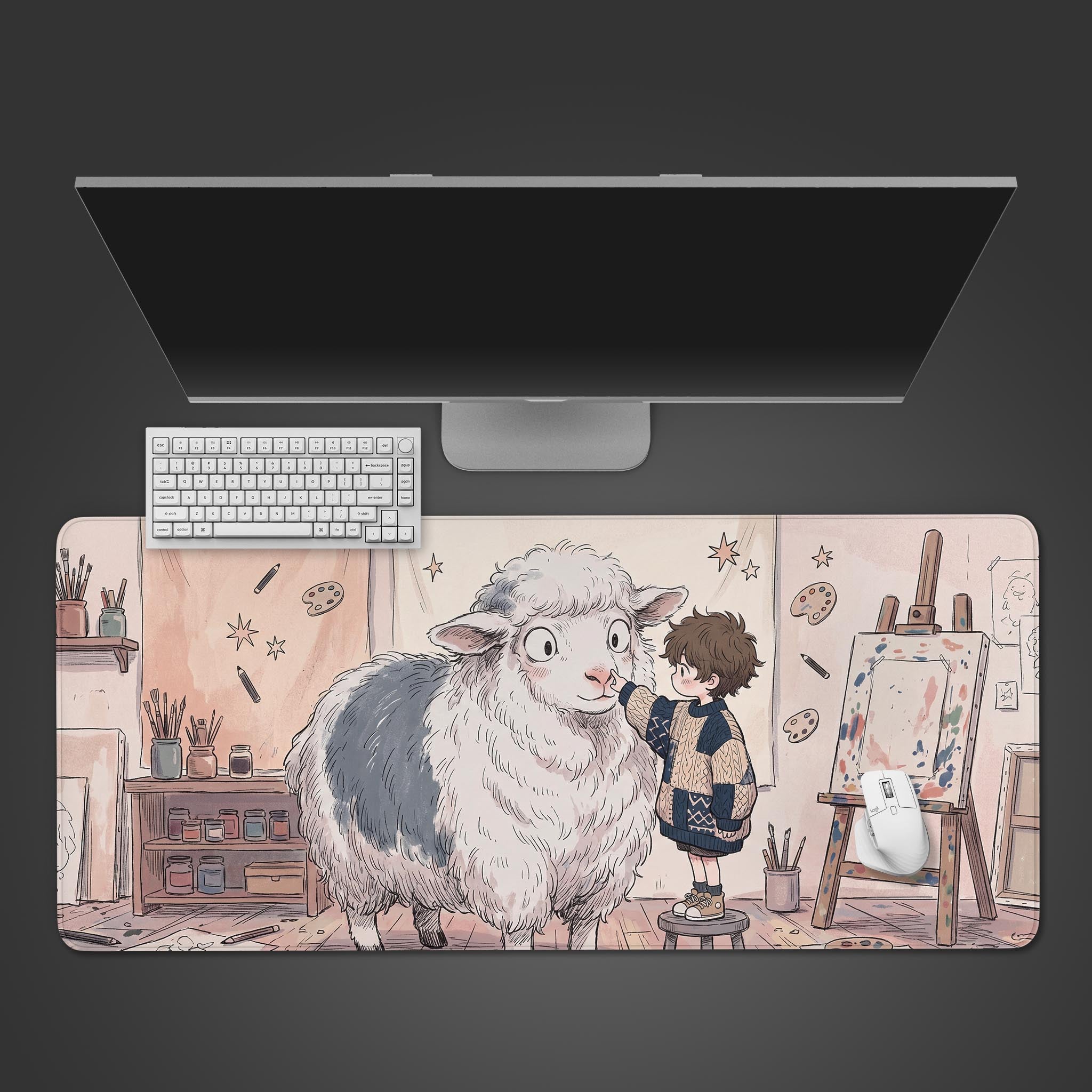A cute, fluffy sheep looking at a little boy in an art studio, printed on a large desk mat.