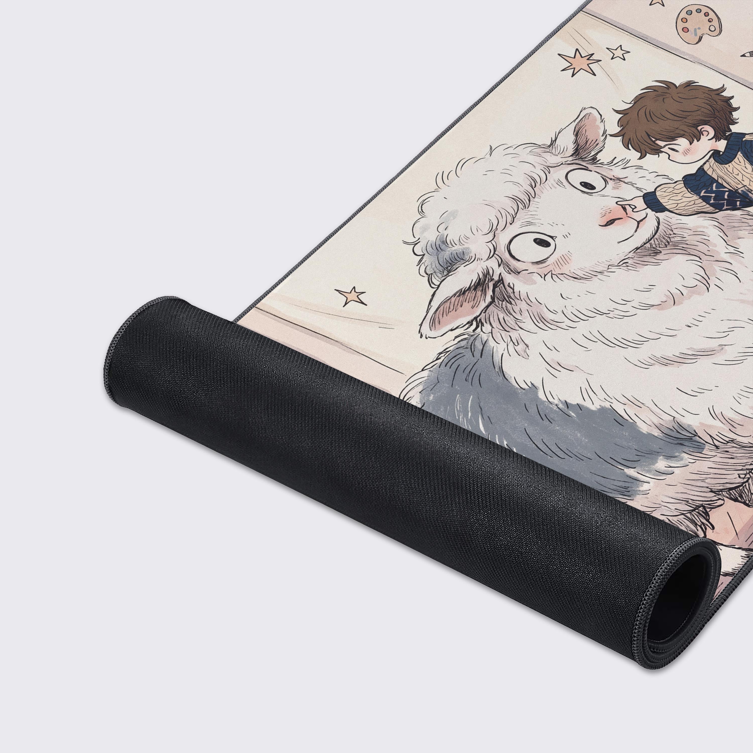 Product features graphic showing non-slip, waterproof, easy to clean, and smooth surface icons for the desk mat.