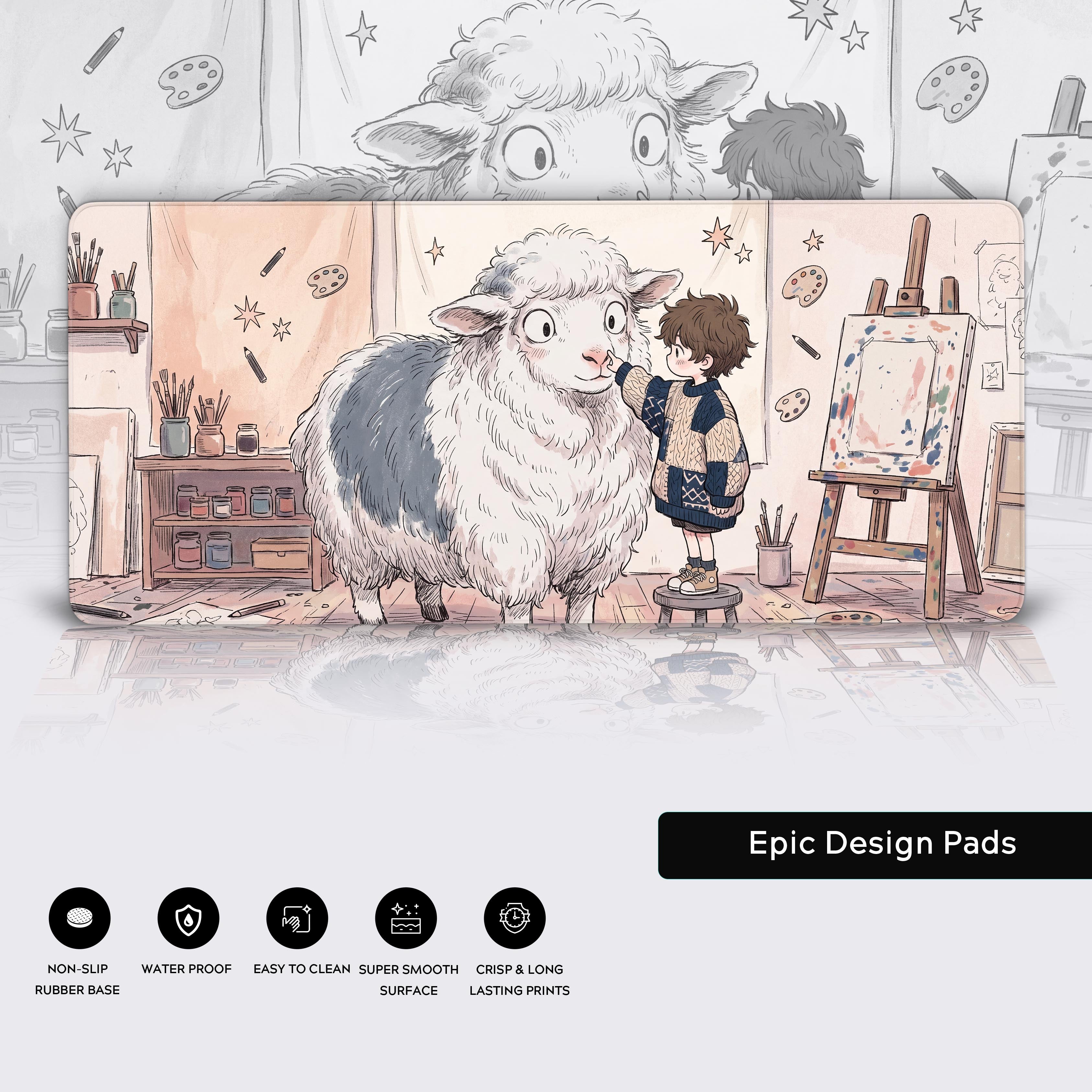 Cozy art studio aesthetic desk mat laid out flat, showcasing soft beige and cream colors.