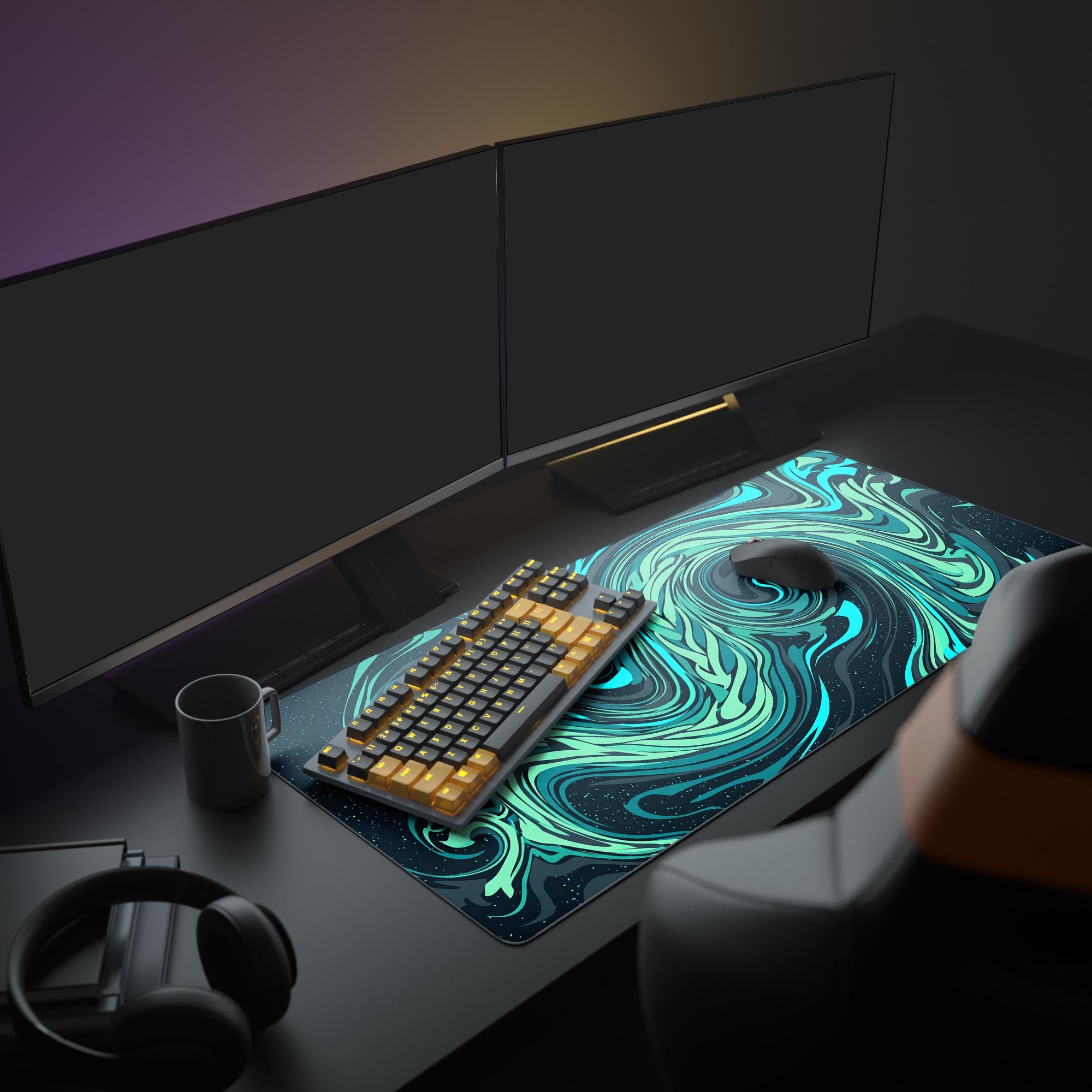 Close-up of vibrant swirling teal marble design on a smooth gaming mouse pad