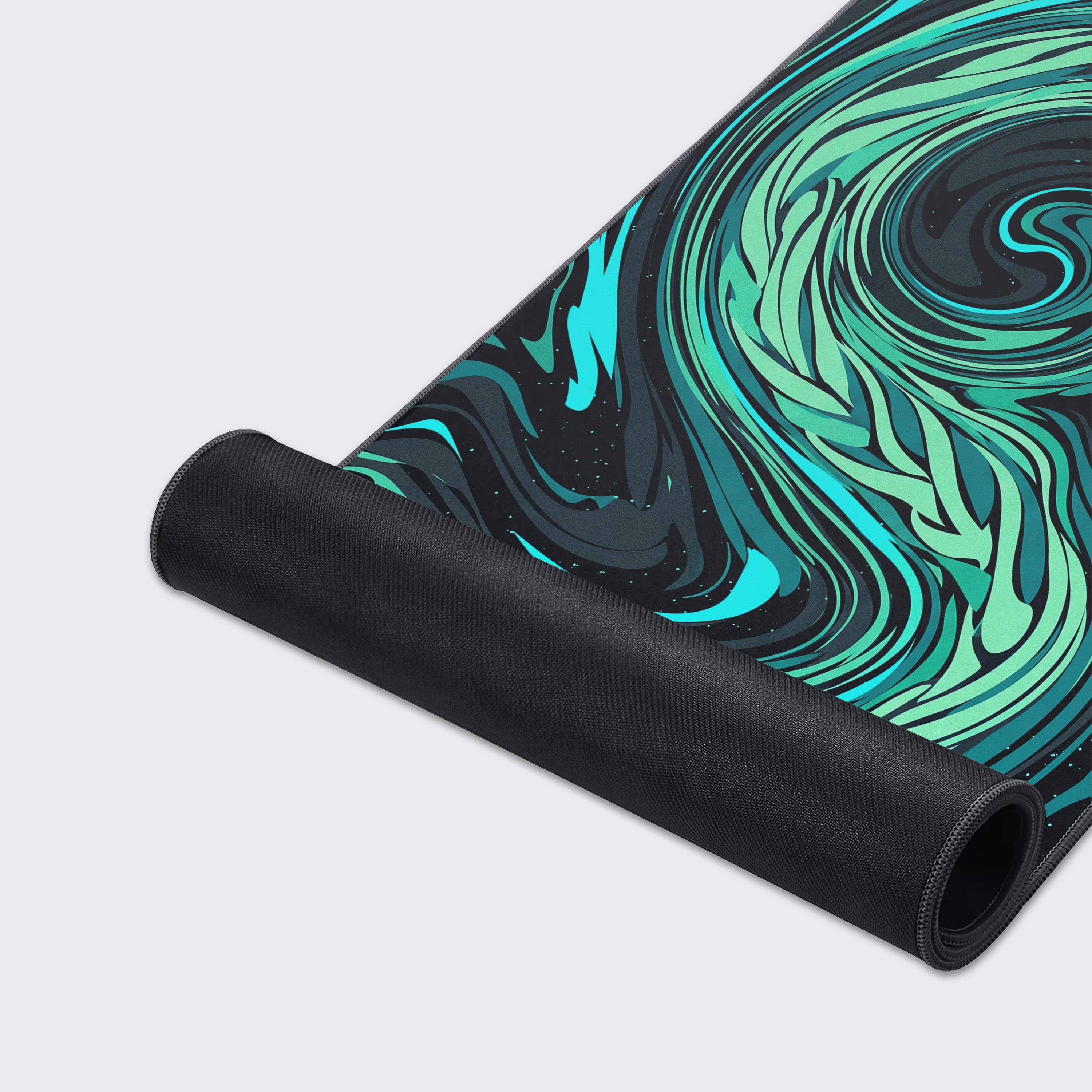 Abstract cosmic liquid design desk mat showcasing water-proof and non-slip features