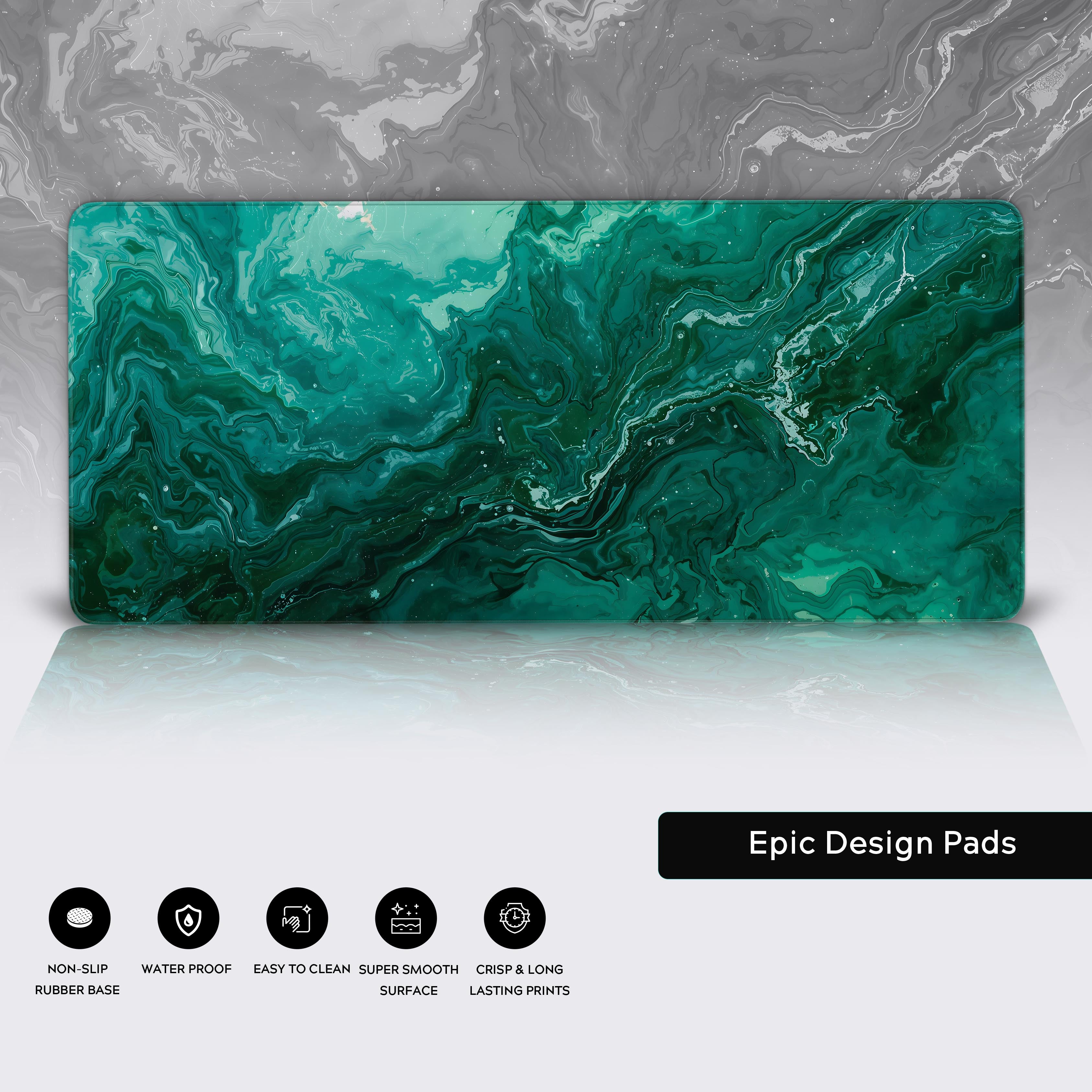 Icons highlighting the non-slip rubber base and crisp, long-lasting prints of the desk mat