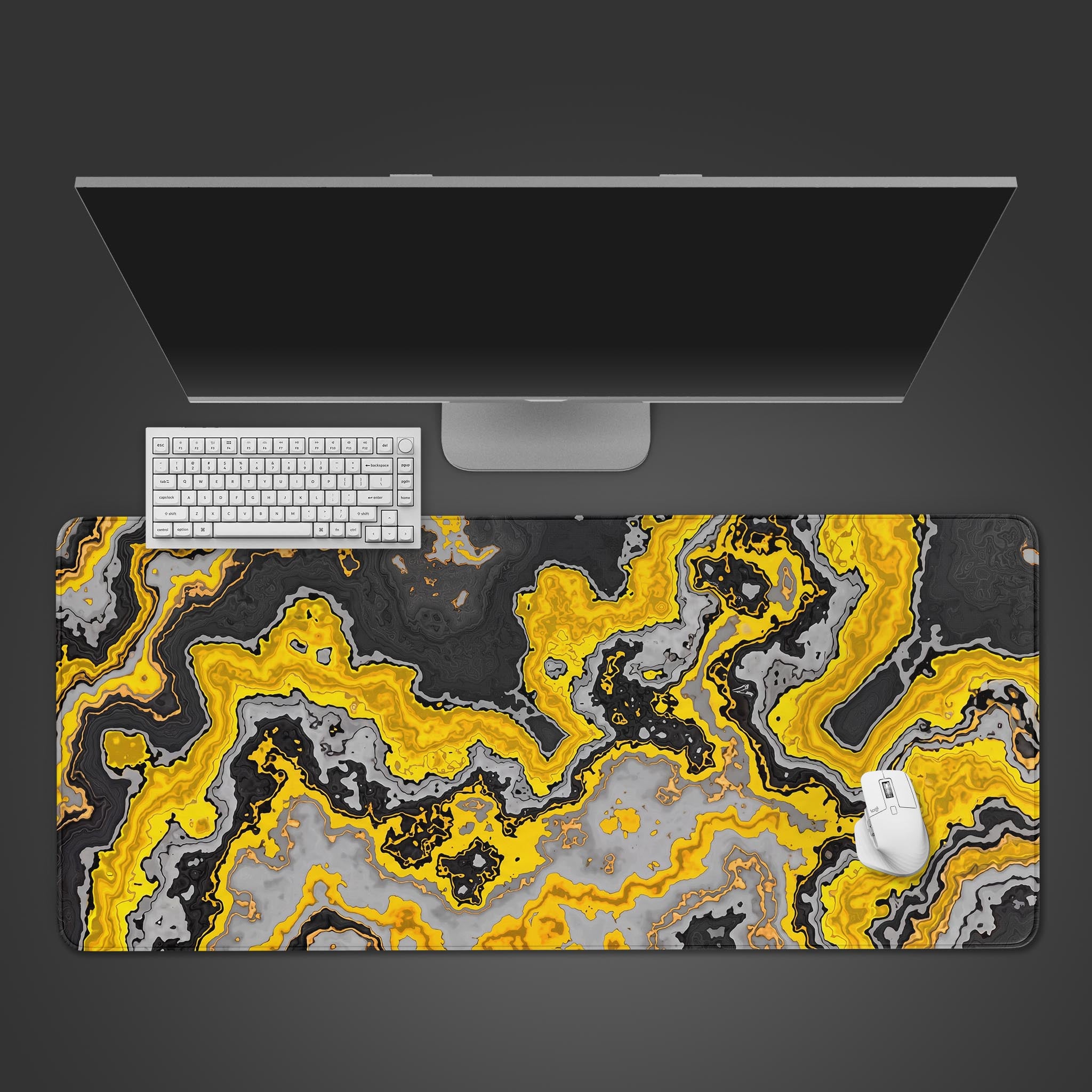 Molten Gold abstract fluid art desk mat with vibrant yellow and black swirls