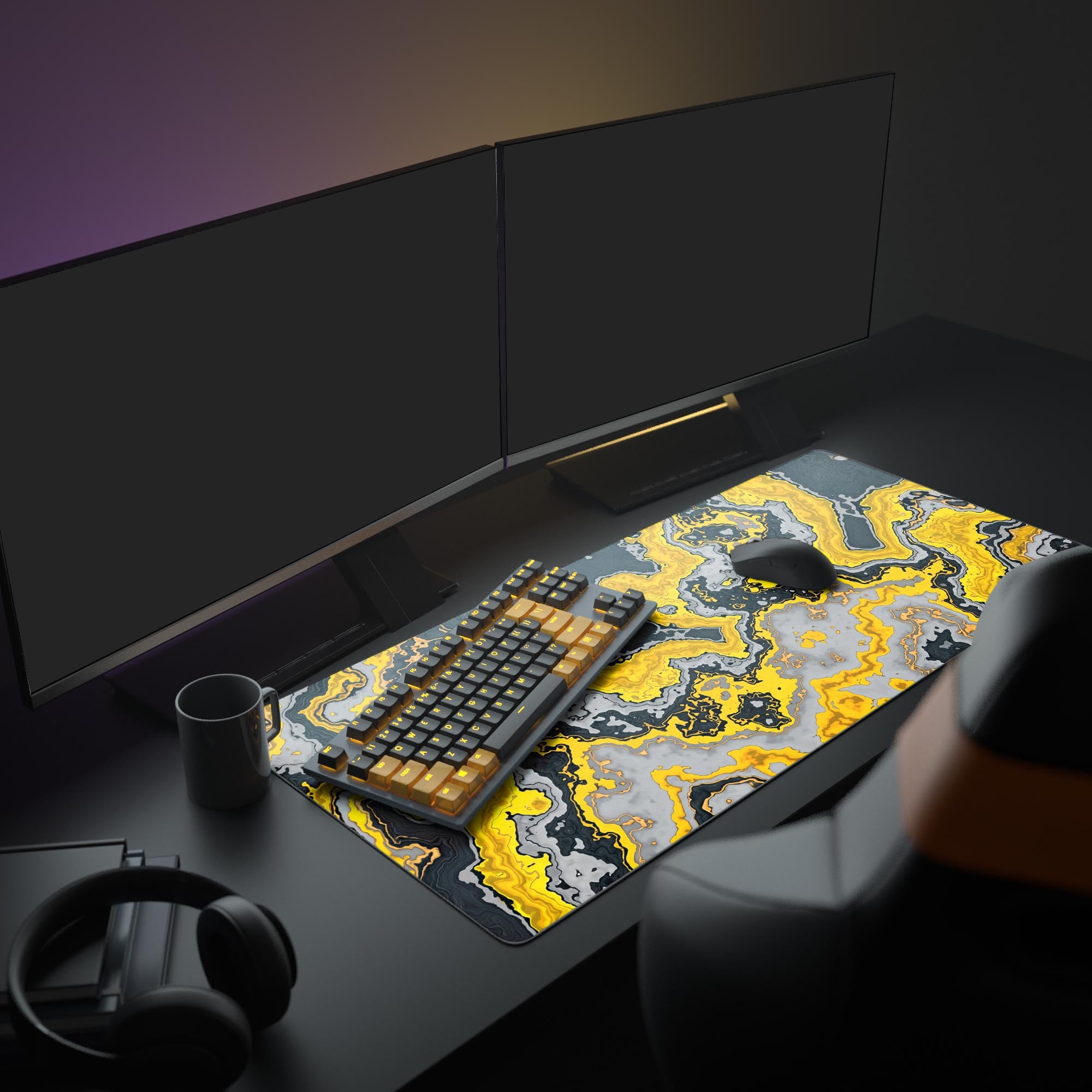 Close-up of the smooth micro-weave surface on the yellow marble gaming mouse pad