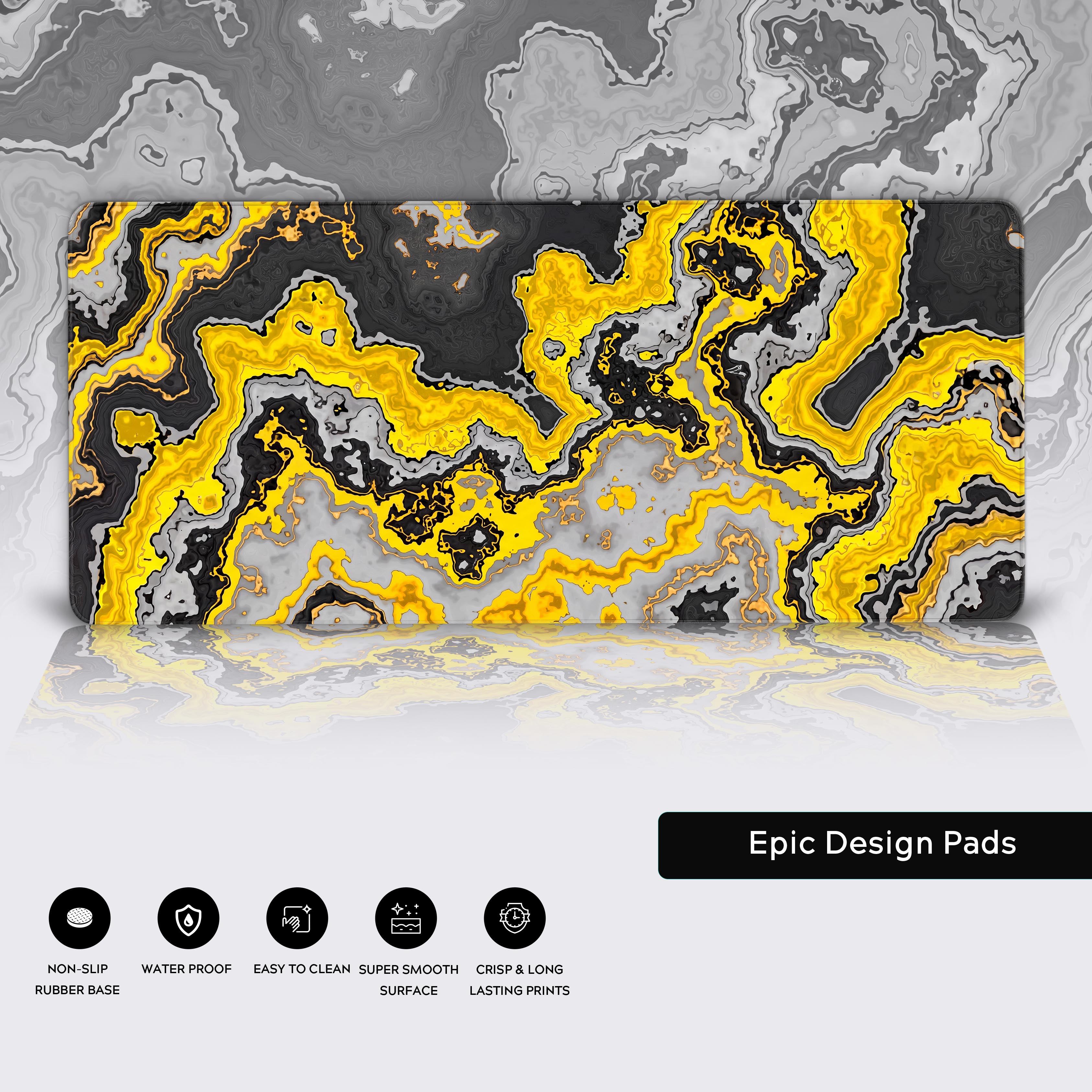 Full view of the stylish yellow and black abstract desk mat in a modern workspace setup