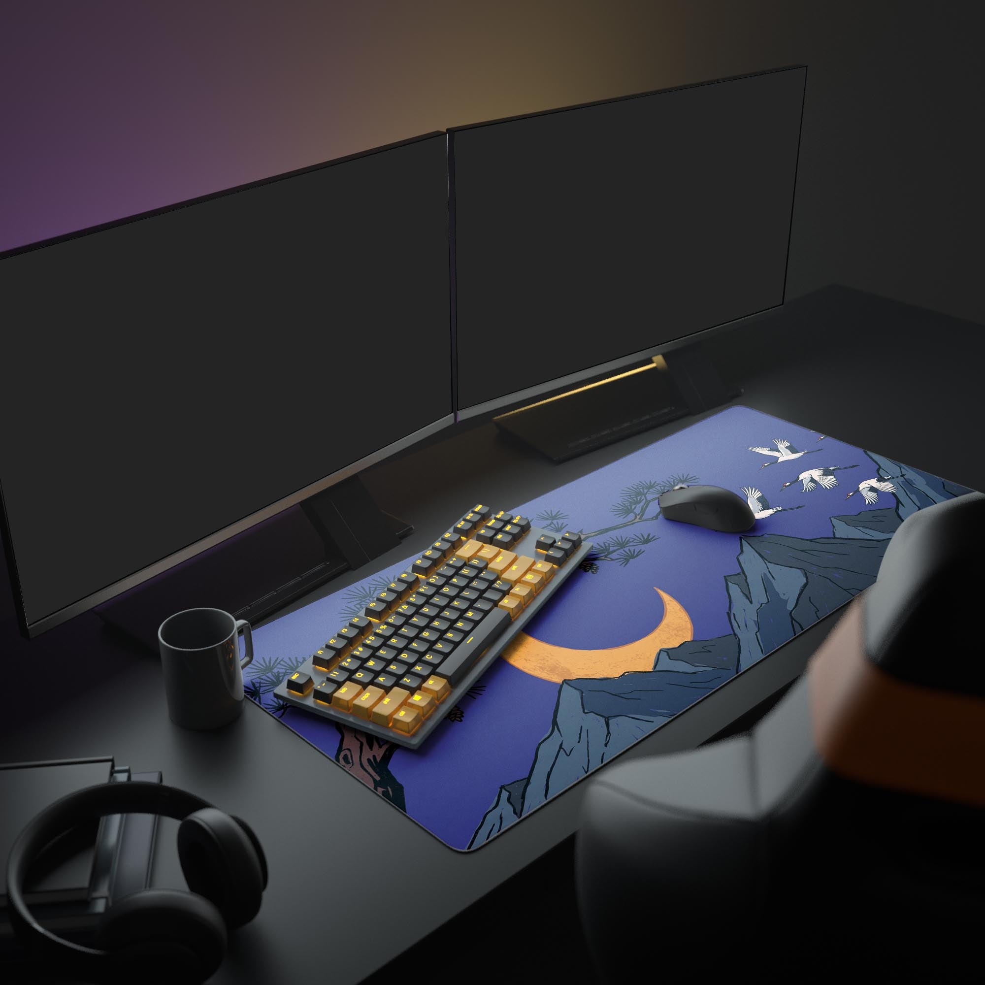 Close-up of the flying cranes and detailed gray mountain peaks on the ultra-smooth surface of the desk mat.