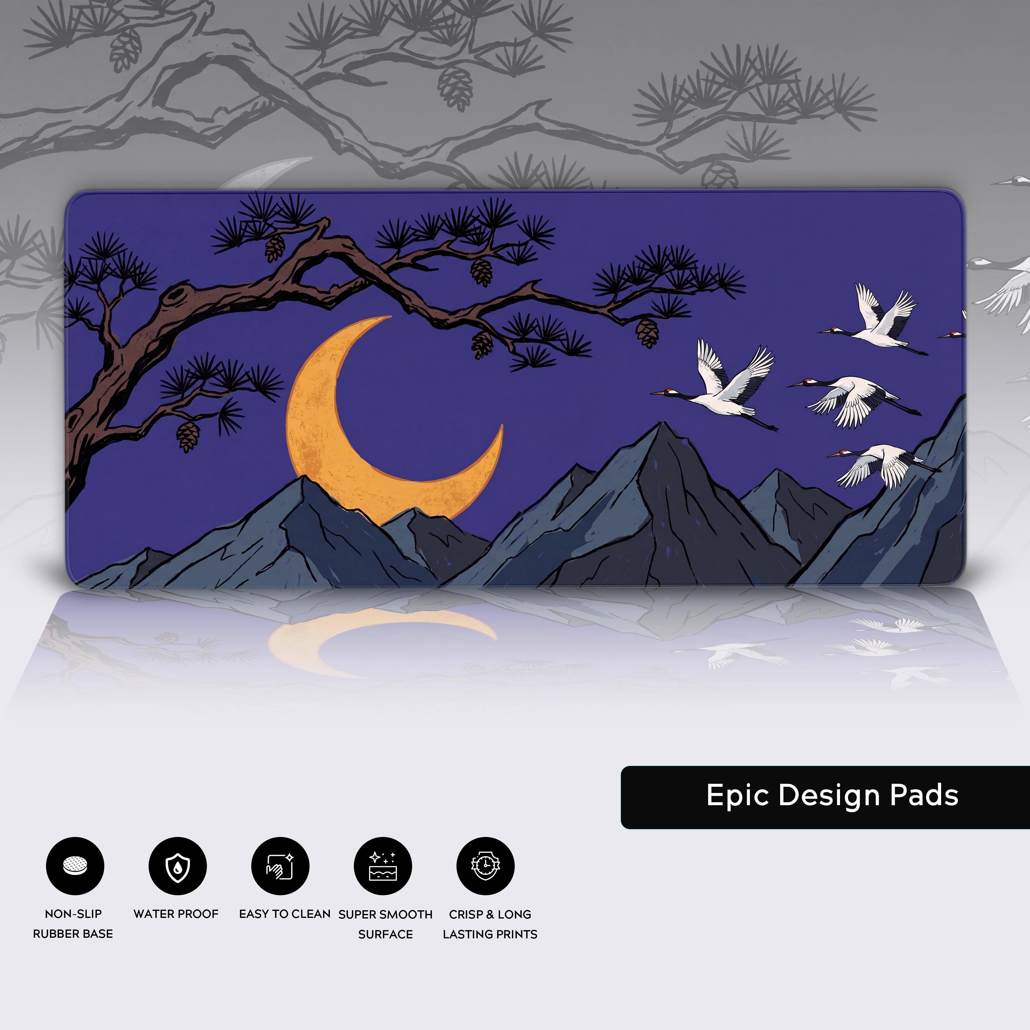 Product feature icons showcasing the non-slip rubber base, waterproof surface, easy-to-clean material, and super smooth glide.