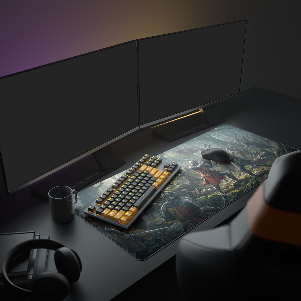 A complete gaming setup featuring the Forest Ambush desk mat, which depicts knights in battle, creating a dark fantasy aesthetic with a large monitor and peripherals. - Epic Design Pads & Mousepads