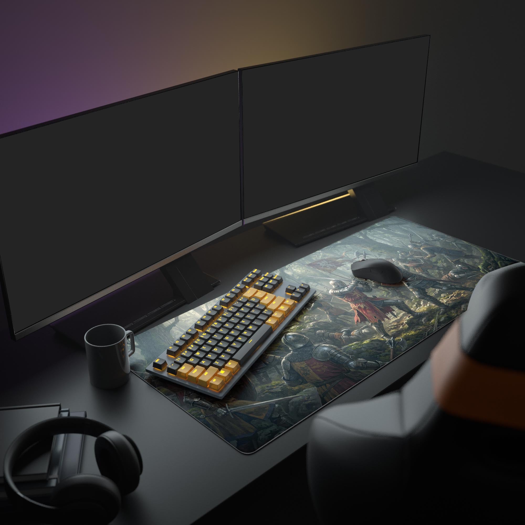 A complete gaming setup featuring the Forest Ambush desk mat, which depicts knights in battle, creating a dark fantasy aesthetic with a large monitor and peripherals. - Epic Design Pads & Mousepads