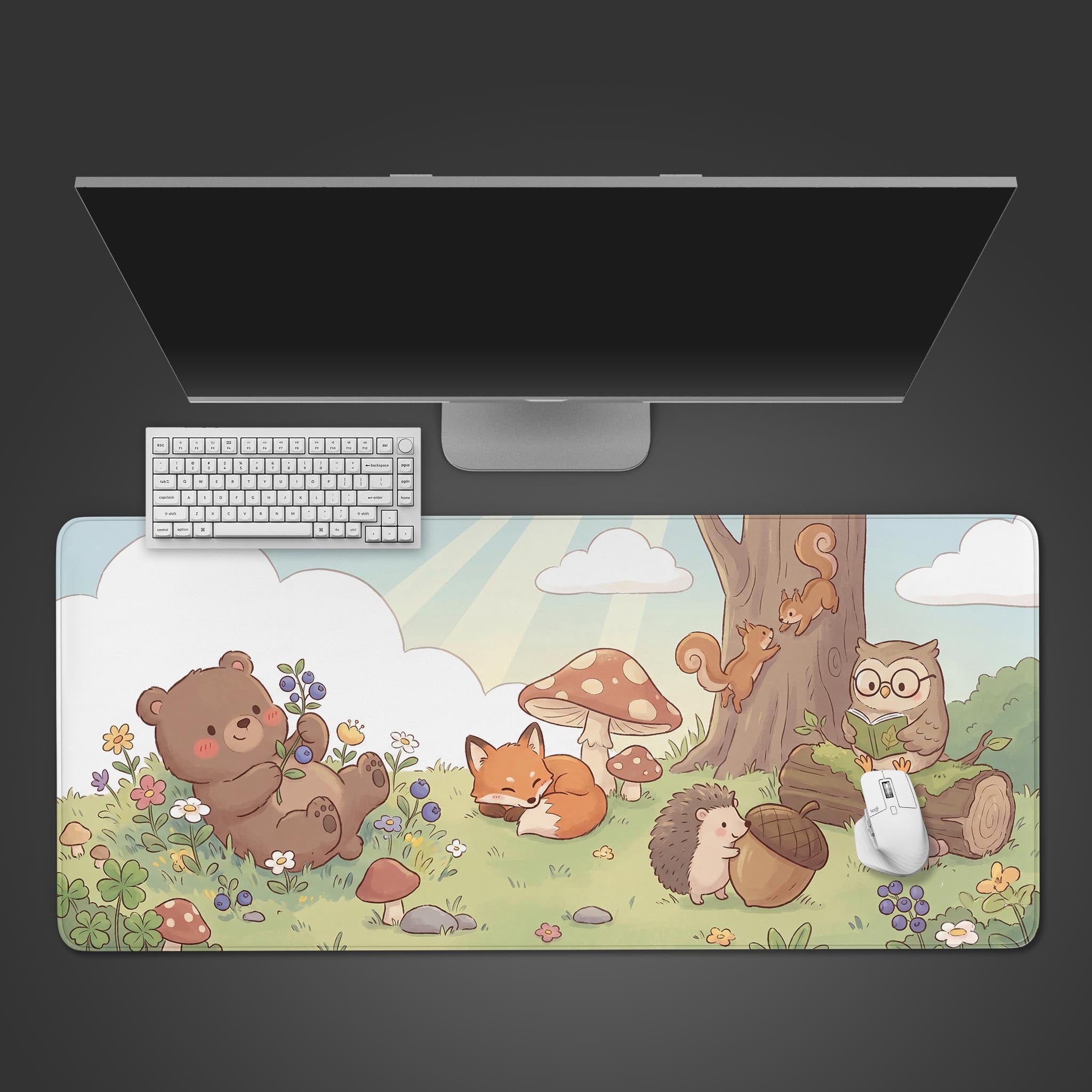 Woodland Gathering kawaii desk mat featuring cute forest animals like a bear, fox, and owl in a pastel meadow.
