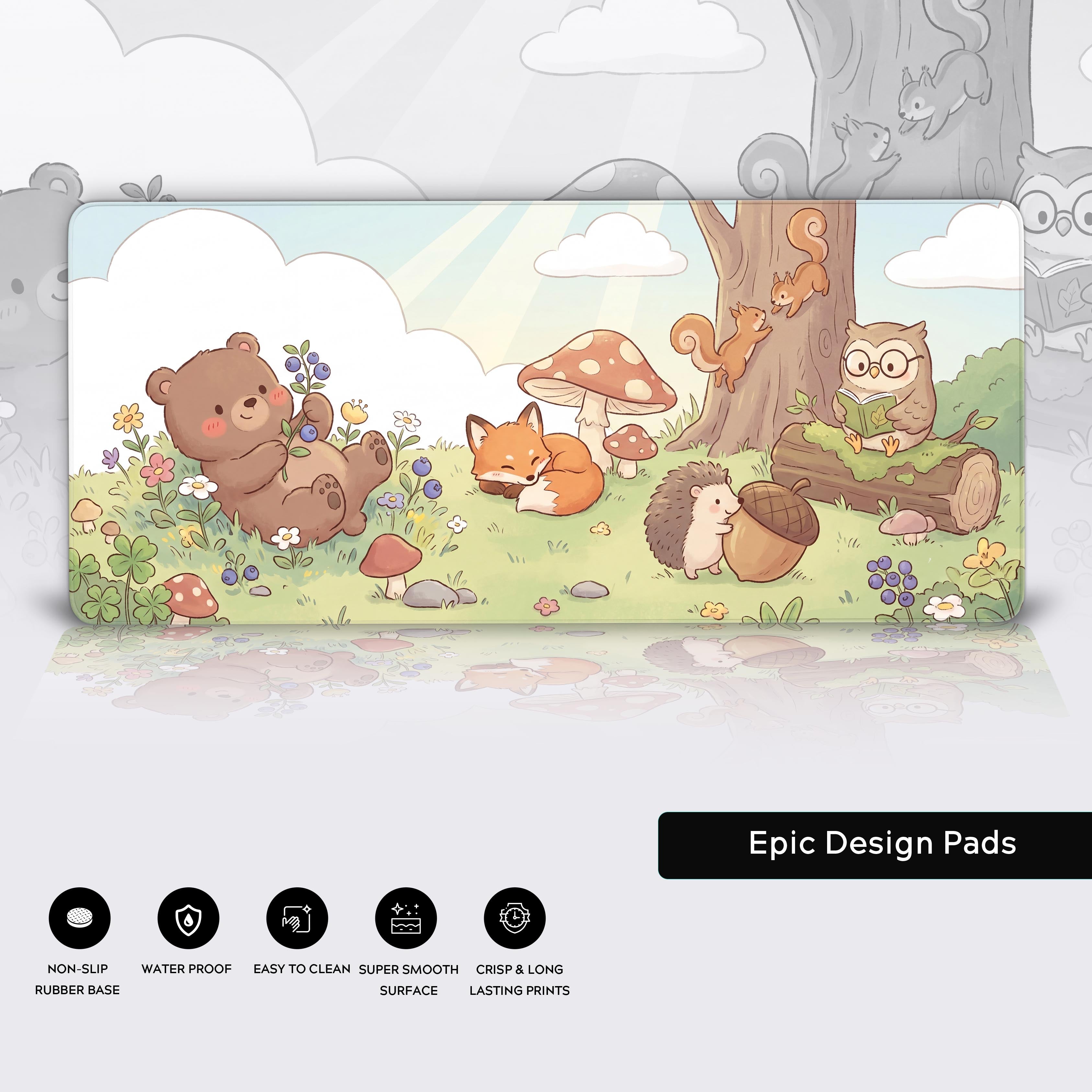 Epic Design Pads feature highlights including non-slip rubber base, waterproof coating, easy to clean surface, and crisp lasting prints.