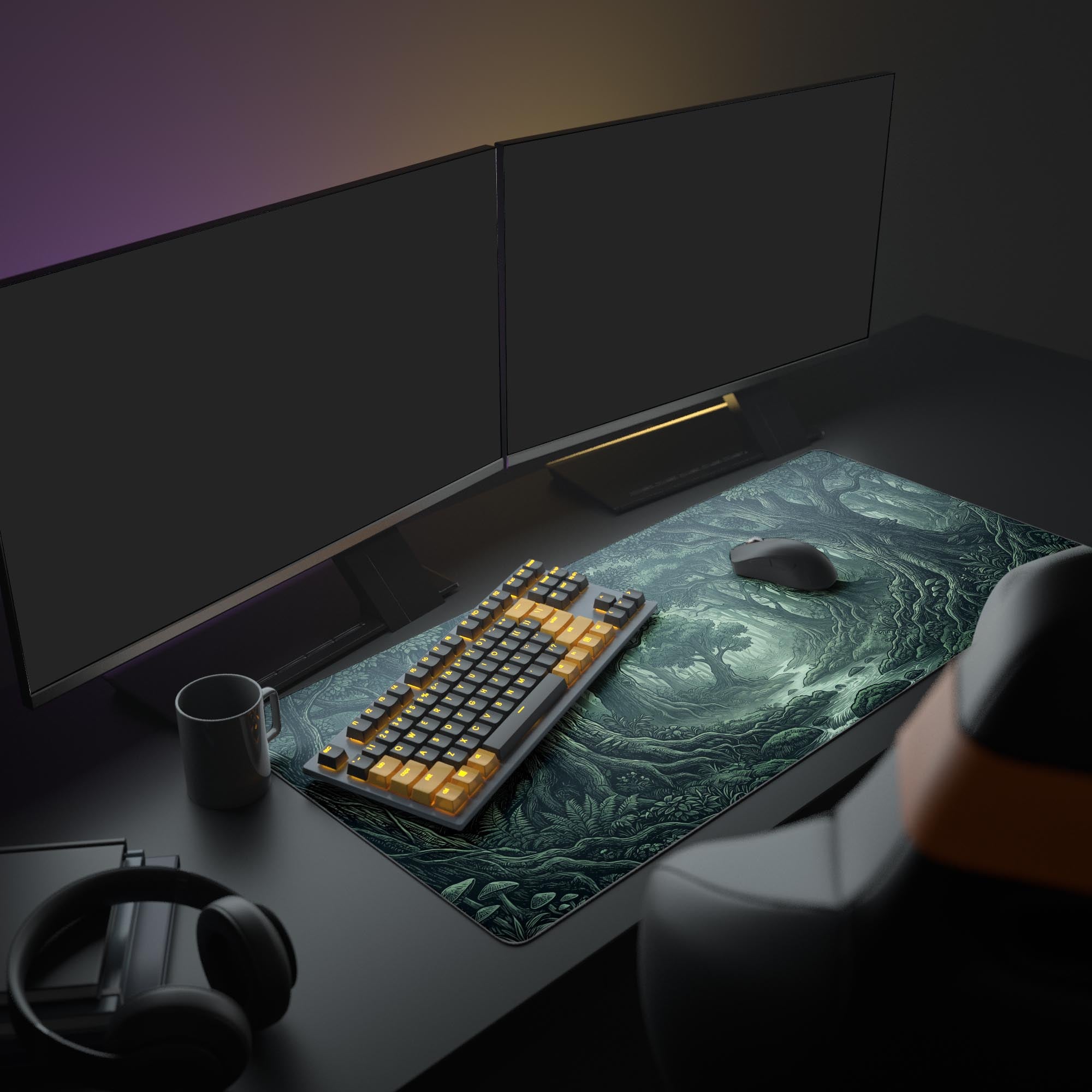 Close up of highly detailed woodland illustration on an extended gaming mouse pad