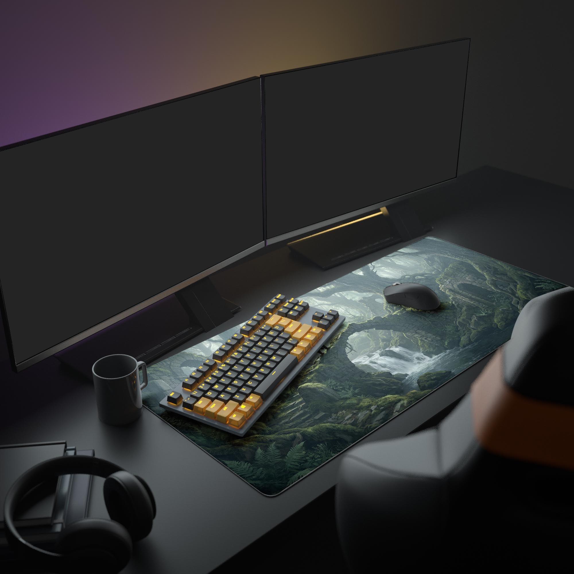 Close-up of the epic dark fantasy forest and crumbling ruins artwork on a gaming mouse pad