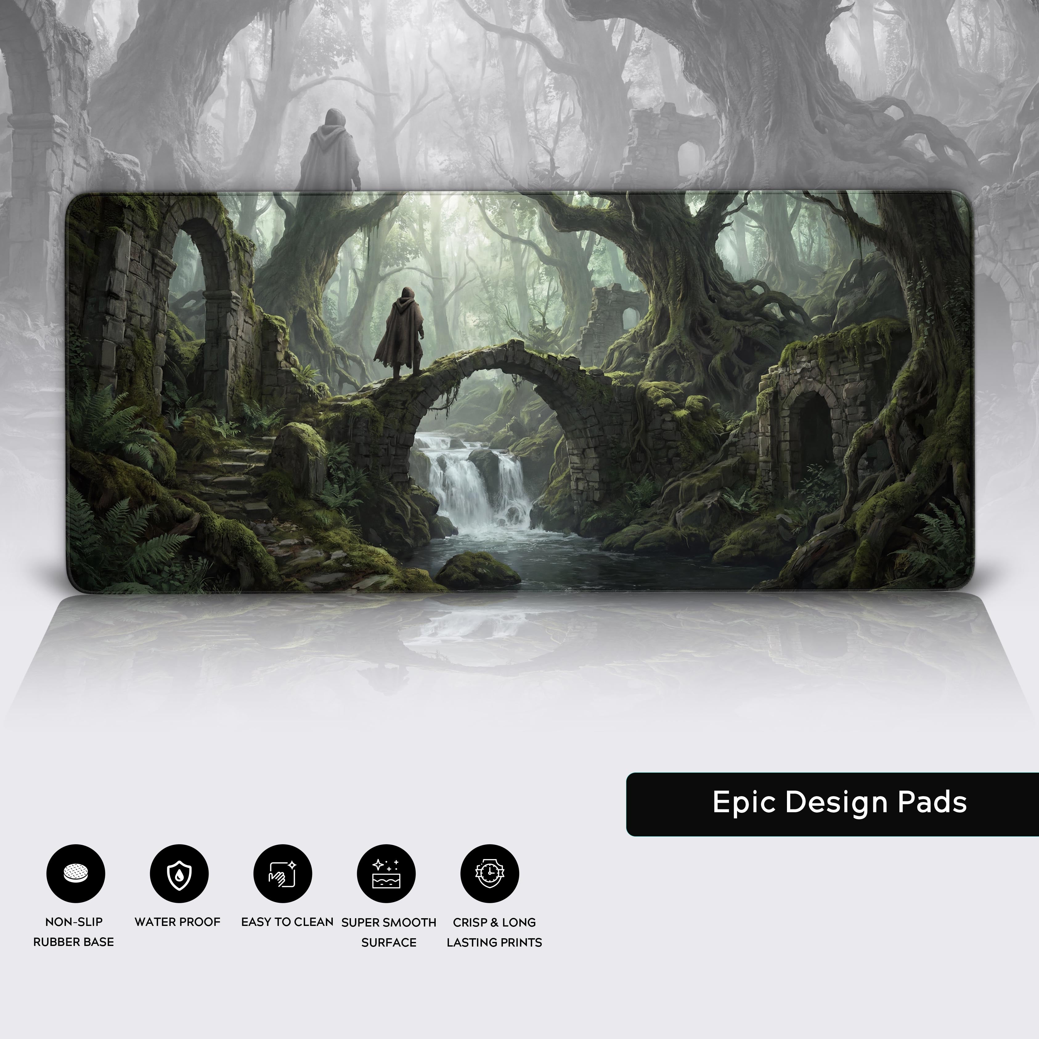 Full view of the Ancient Forest Ruins extended mouse pad hovering over a reflective white surface