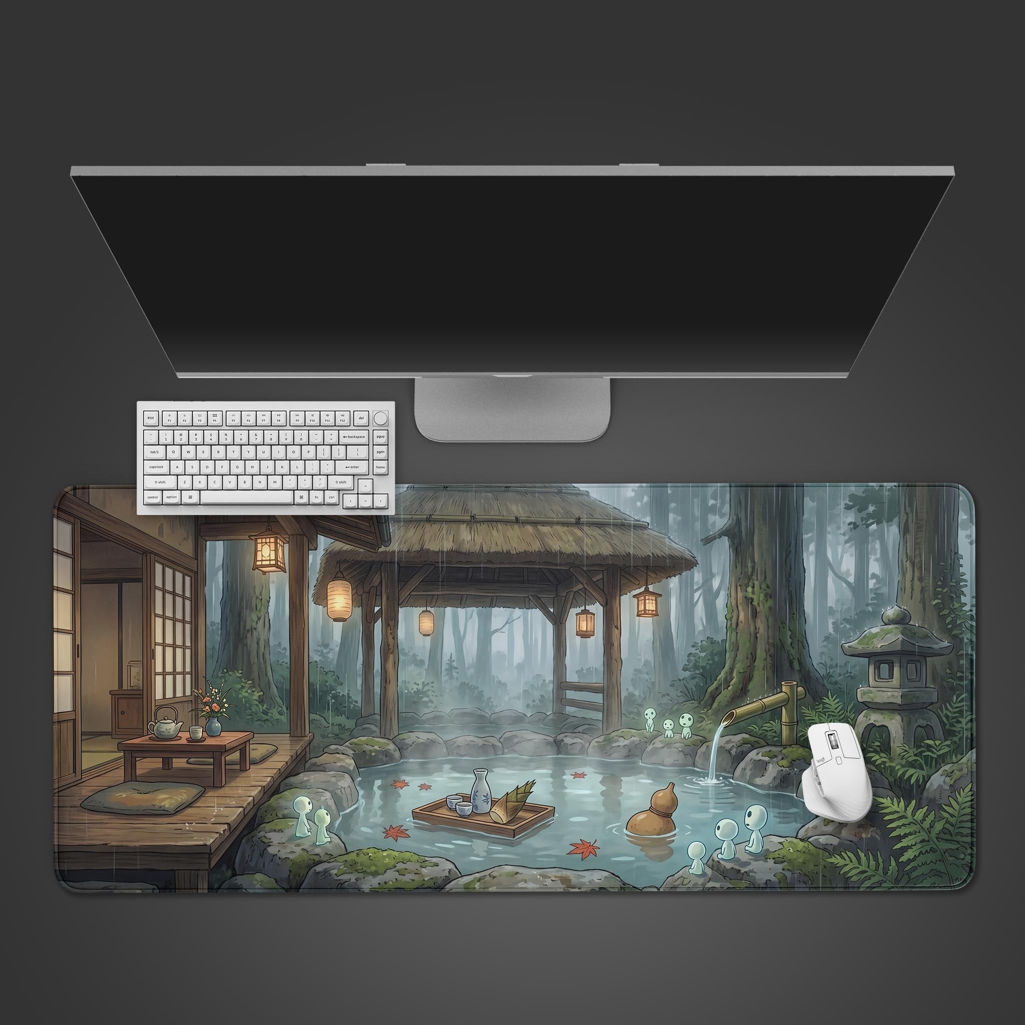 Cozy rainy onsen desk mat featuring cute white forest spirits at a hot spring