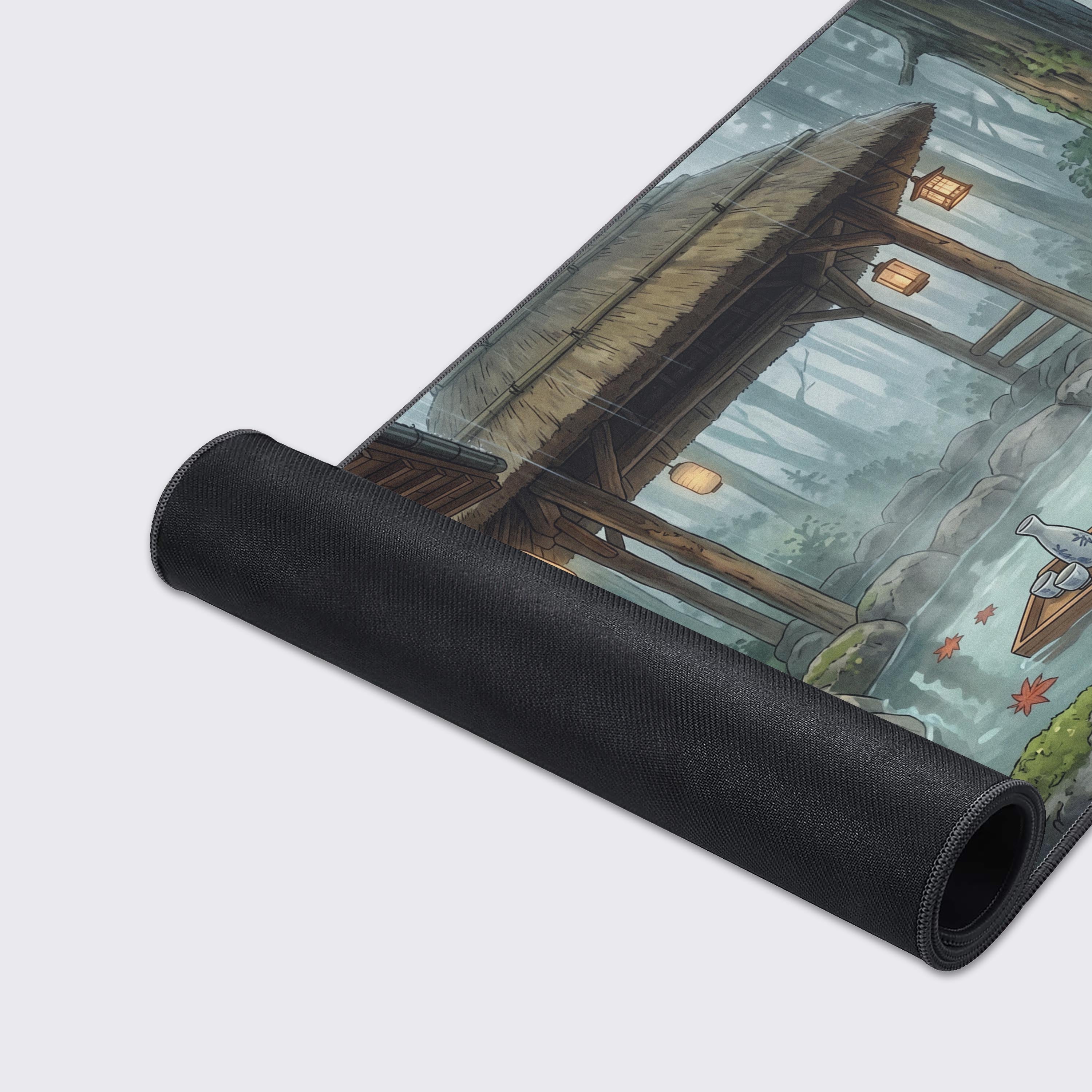 High quality gaming desk pad with non-slip rubber base showing a rainy forest scene