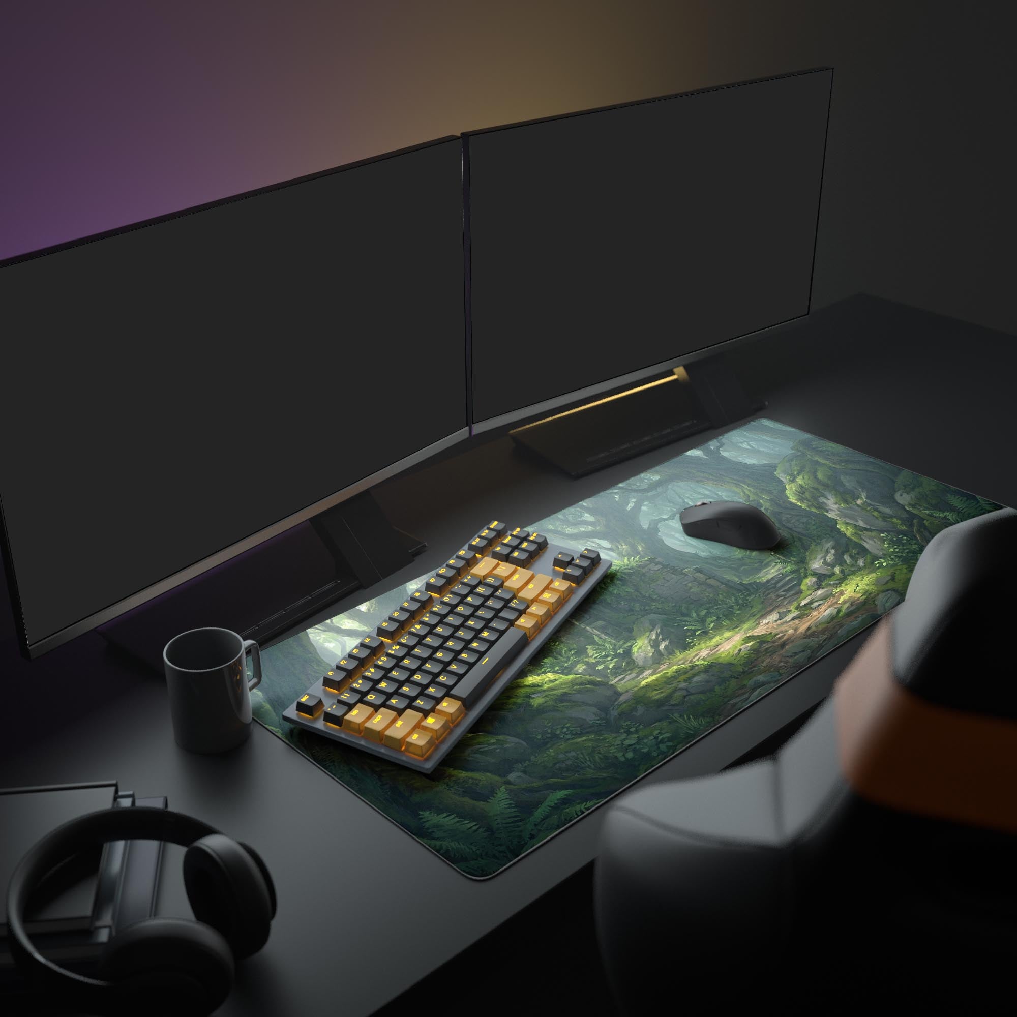 A complete PC setup featuring the Forgotten Path Mouse Pad. The green fantasy forest design complements the gaming keyboard and mouse for an immersive, nature-inspired aesthetic. - Epic Design Pads & Mousepads