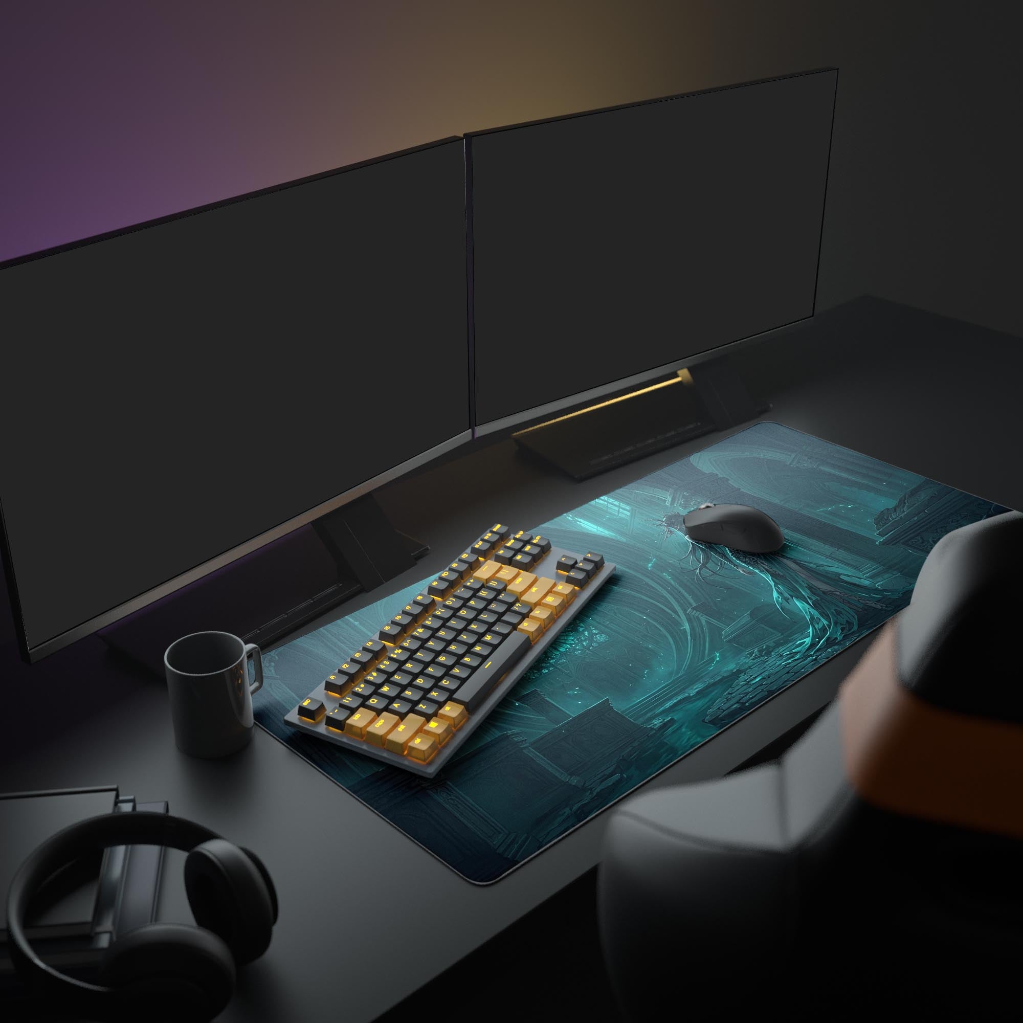 A full gaming PC setup featuring the Forgotten Reign mouse pad, showcasing its large size under a monitor, RGB keyboard, and mouse. - Epic Design Pads & Mousepads