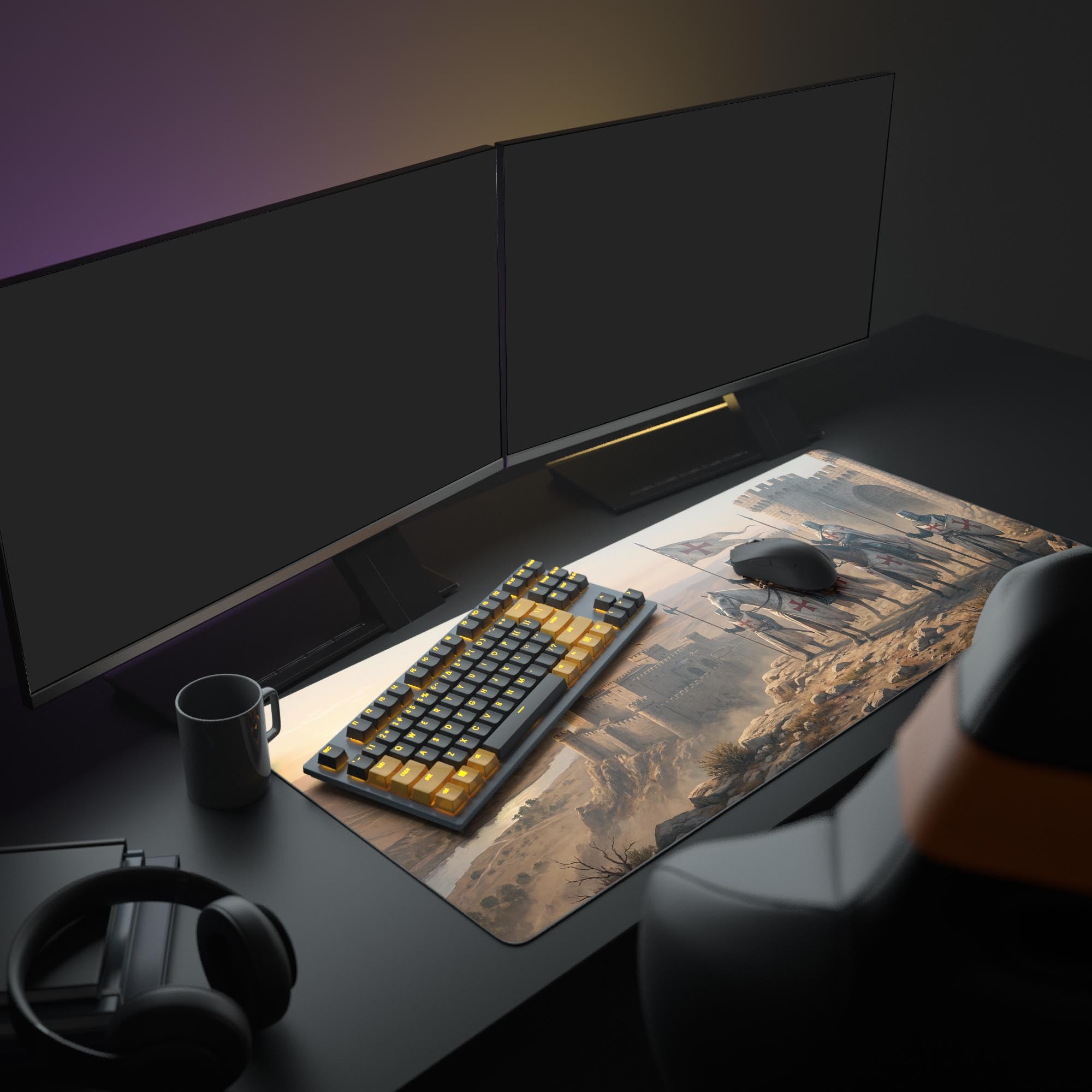 A full PC setup showcasing the Fortress Command mouse pad, creating a medieval-themed battle station with a monitor and keyboard. - Epic Design Pads & Mousepads
