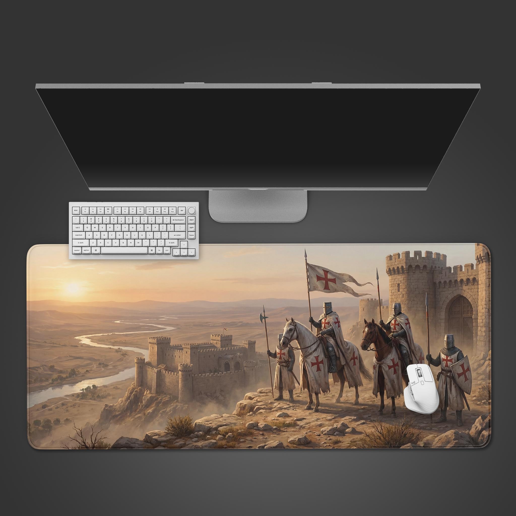 The Fortress Command gaming desk mat displayed from above with a white keyboard and mouse, featuring its epic design of Knights Templar at a castle. - Epic Design Pads & Mousepads