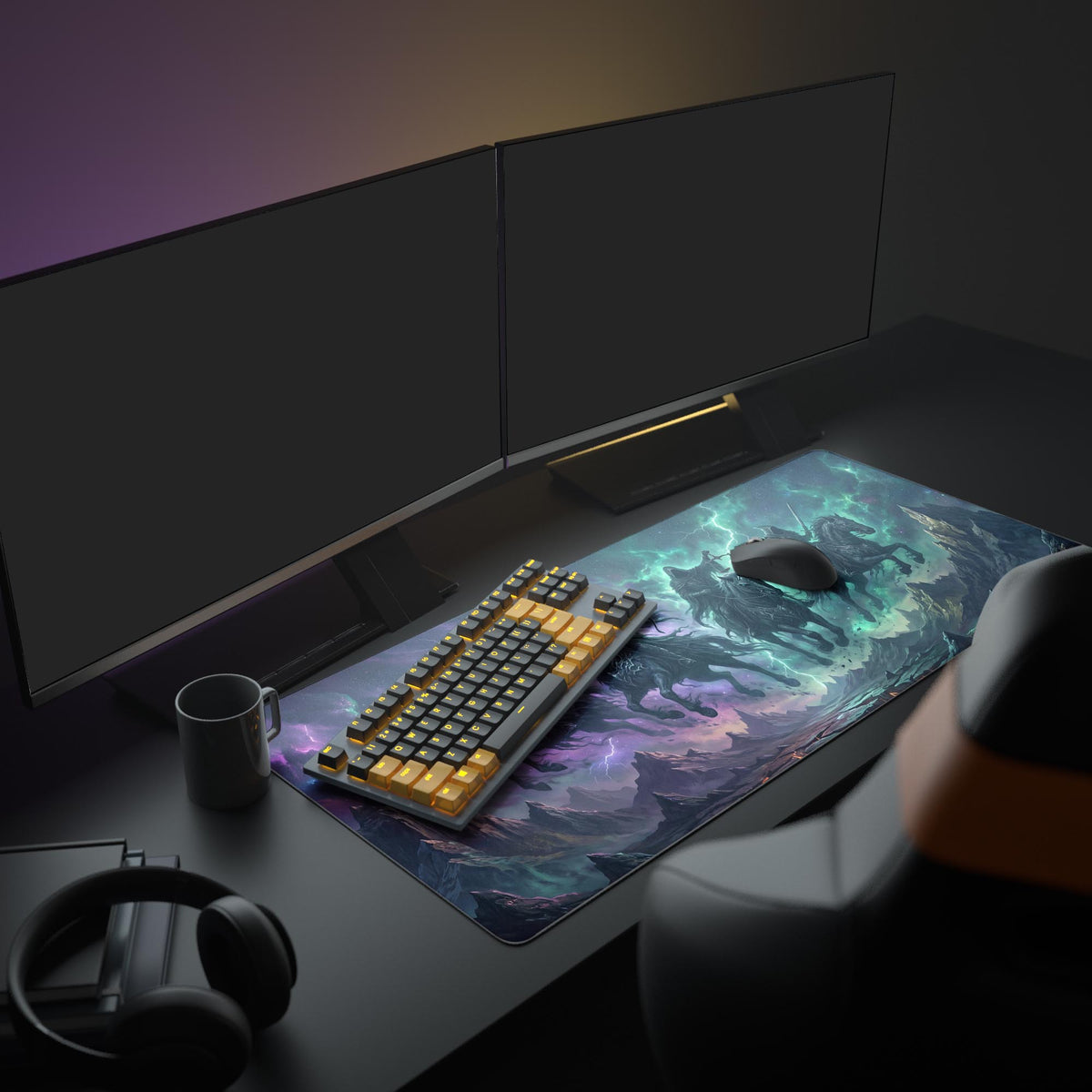 Close-up view of the desk mat artwork showing the ghostly riders holding a scythe, bow, scales, and sword against a vibrant purple and emerald sky.