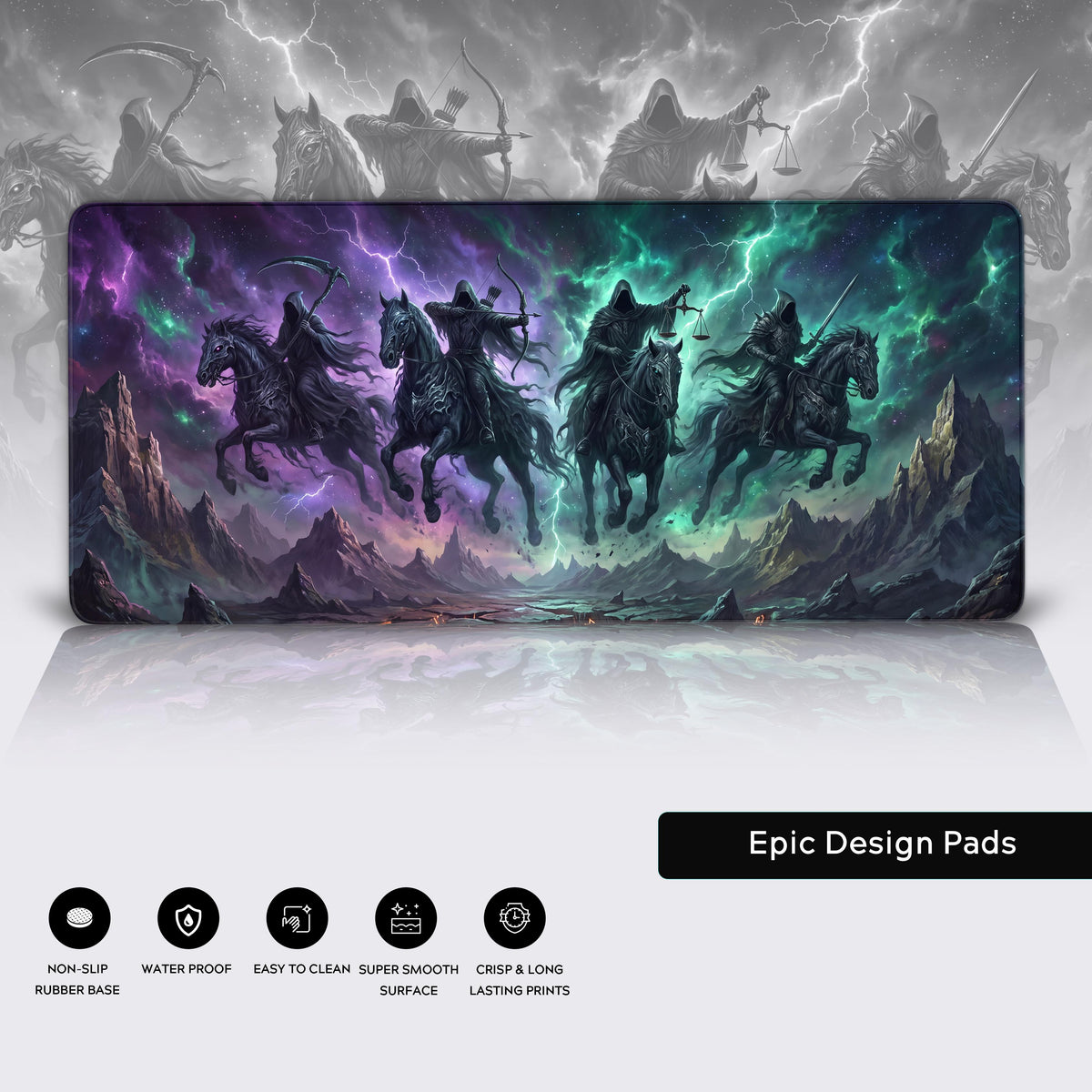 Epic Design Pads product showcase displaying a dark fantasy mouse pad with graphic icons highlighting product features.
