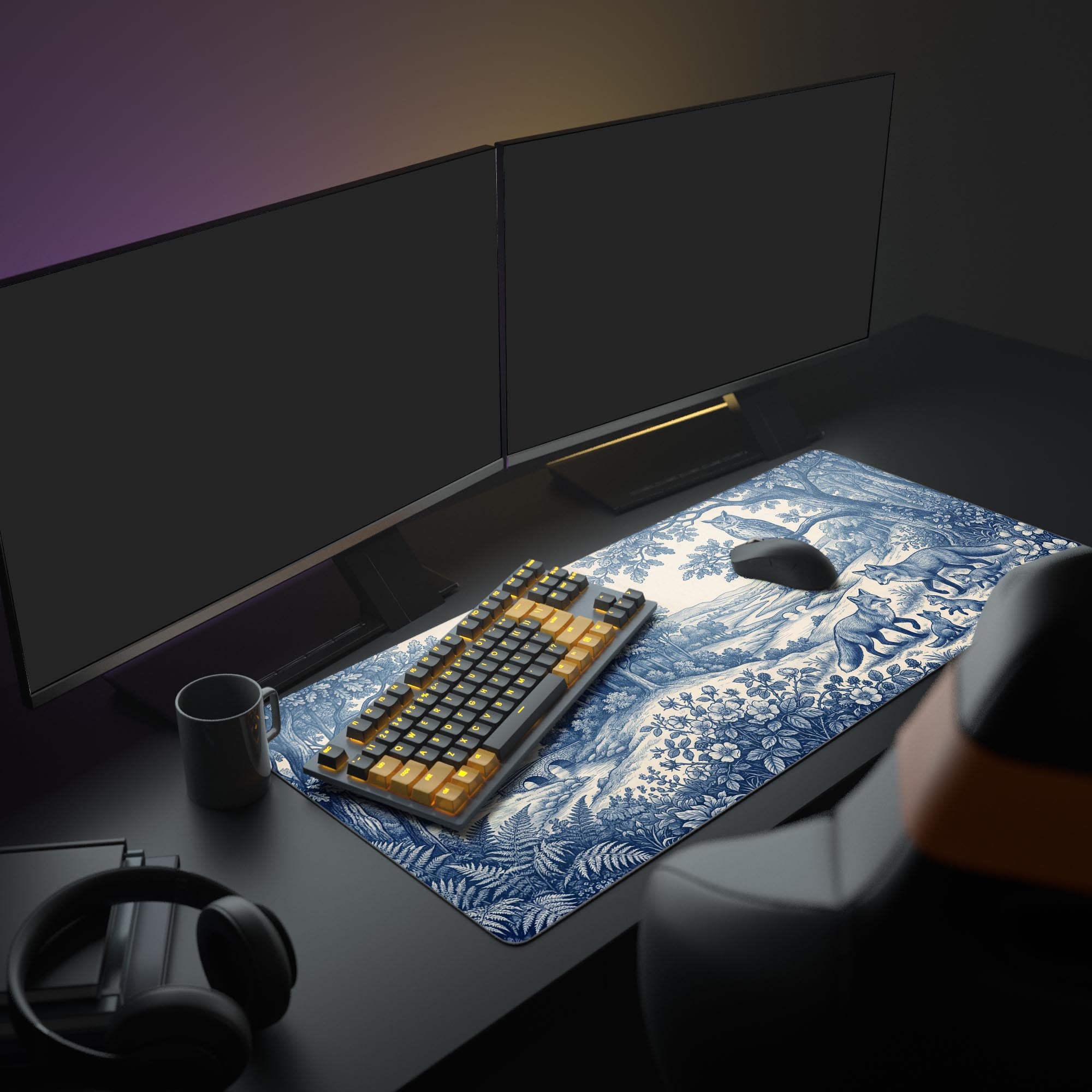 A serene office setup featuring the Foxwood Toile XL mouse pad, showcasing the beautiful blue fox and owl design under a monitor and keyboard. - Epic Design Pads & Mousepads