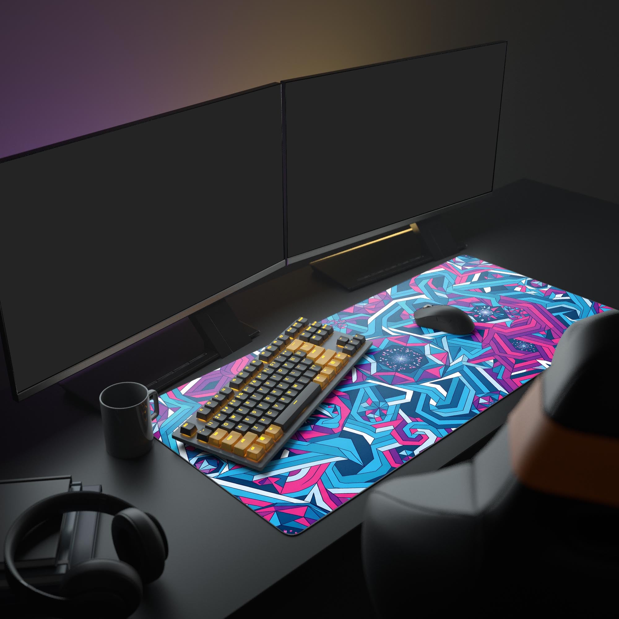 Close-up of intricate 3D psychedelic geometric pattern mouse pad in pink and blue