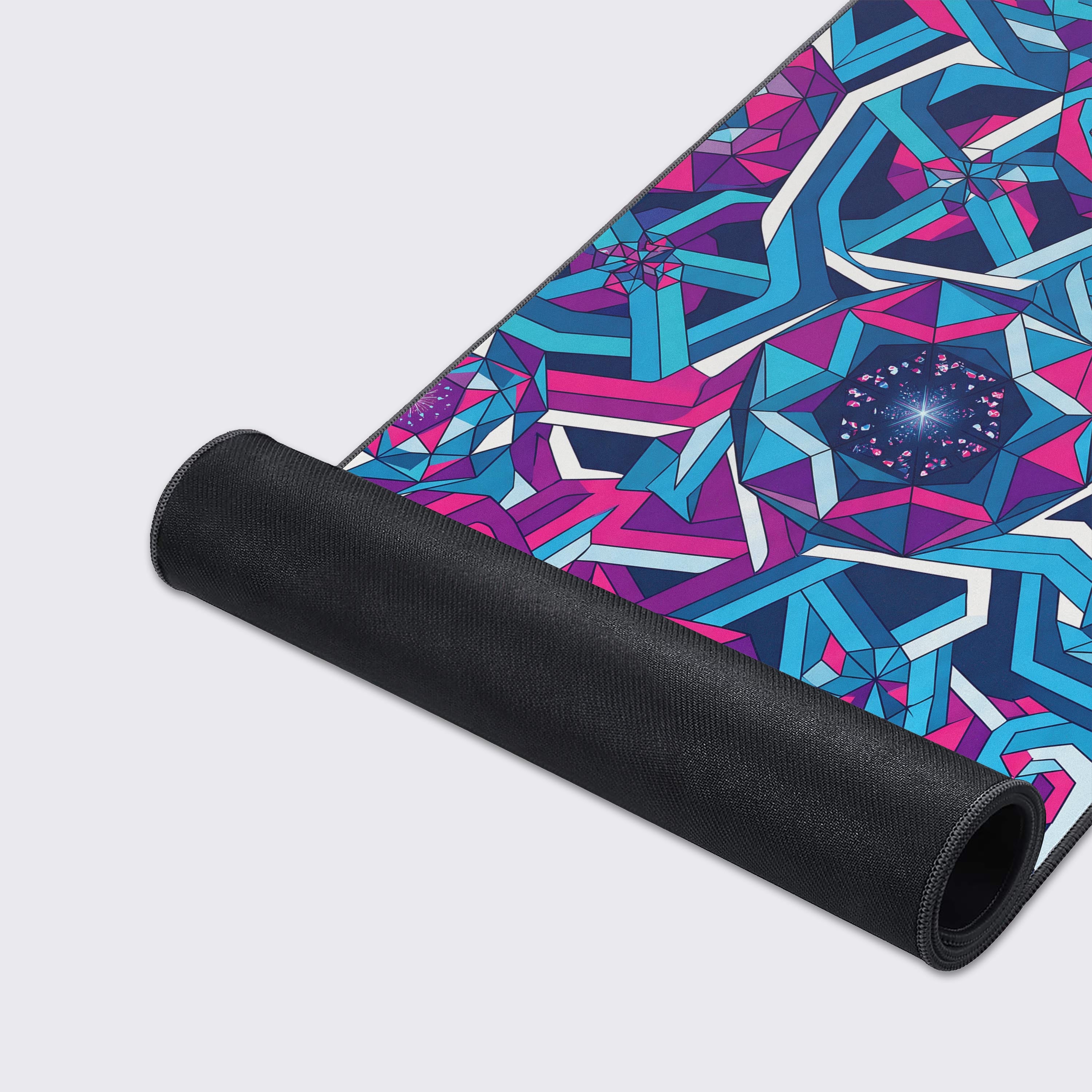 XL gaming desk mat featuring glowing crystalline hubs and interlocking abstract shapes