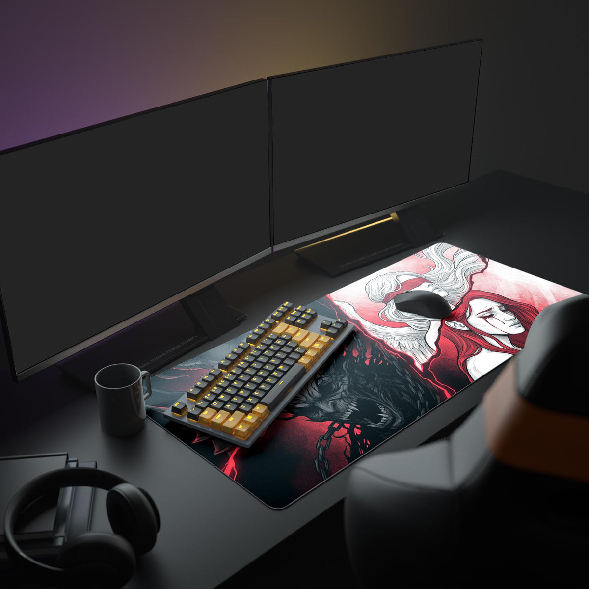 A complete gaming setup featuring the Fractured Divinity mouse pad, which displays its red, black, and white demonic and angelic art beneath glowing monitors. - Epic Design Pads & Mousepads